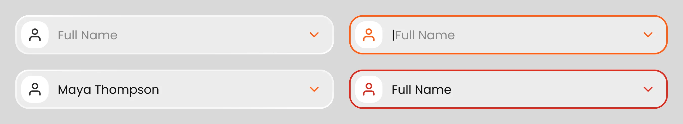 The Autodice input field in four states: an empty Full Name field, the same field focused with a cursor, filled with Maya Thompson, and outlined in red for an error