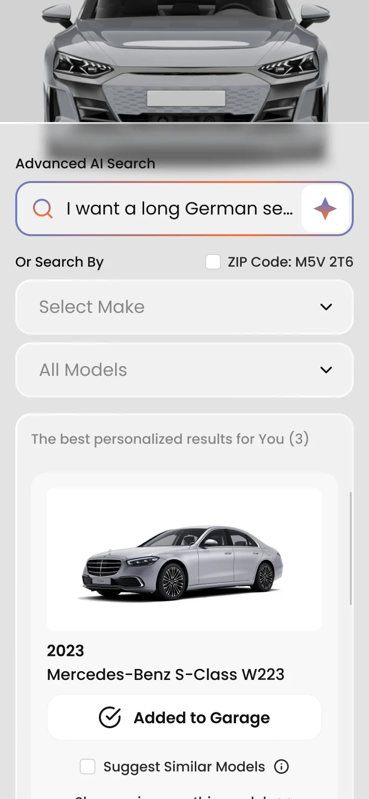 Autodice on a phone: AI search for a long German sedan, results with the 2023 Mercedes-Benz S-Class added to the garage, Suggest Similar Models and Show reviews