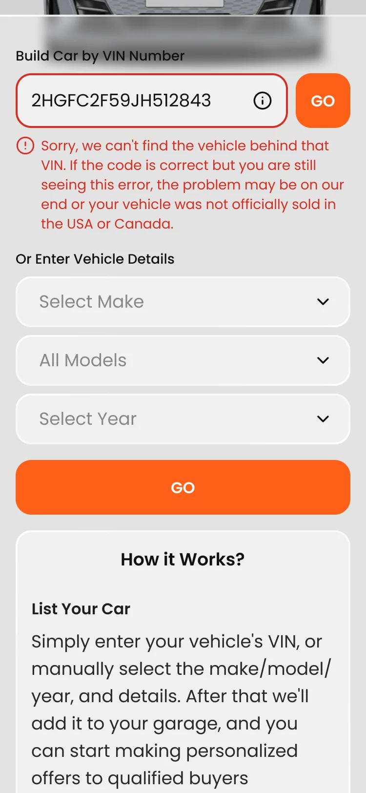 Seller side on a phone: a VIN entered with an error saying the vehicle can’t be found, then the make, model and year fields and GO