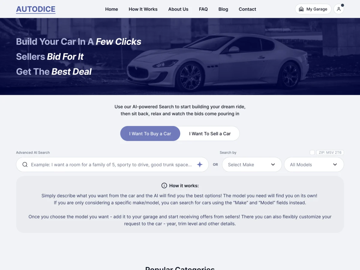 An early homepage pass in blue and grey: a banner with the promise, the buy and sell switch, the AI search beside make and model, a note on how it works and the first popular categories