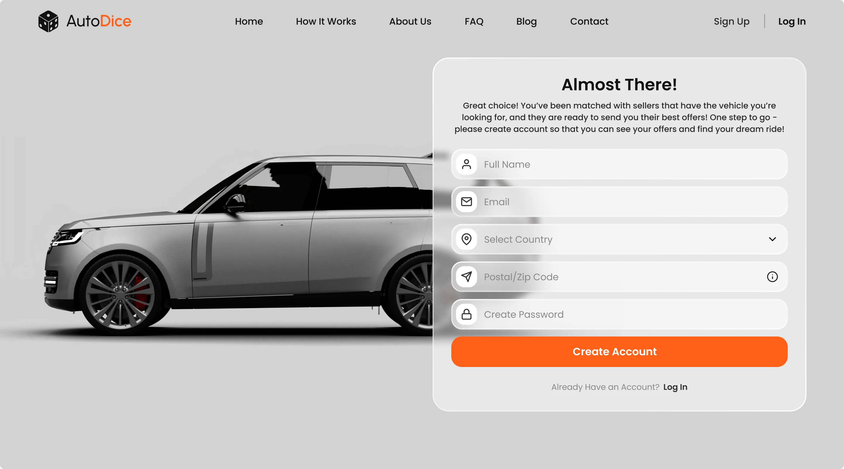 Almost There: an account form with full name, email, country, postal code and password, explaining that sellers with the chosen vehicle are ready to send their best offers