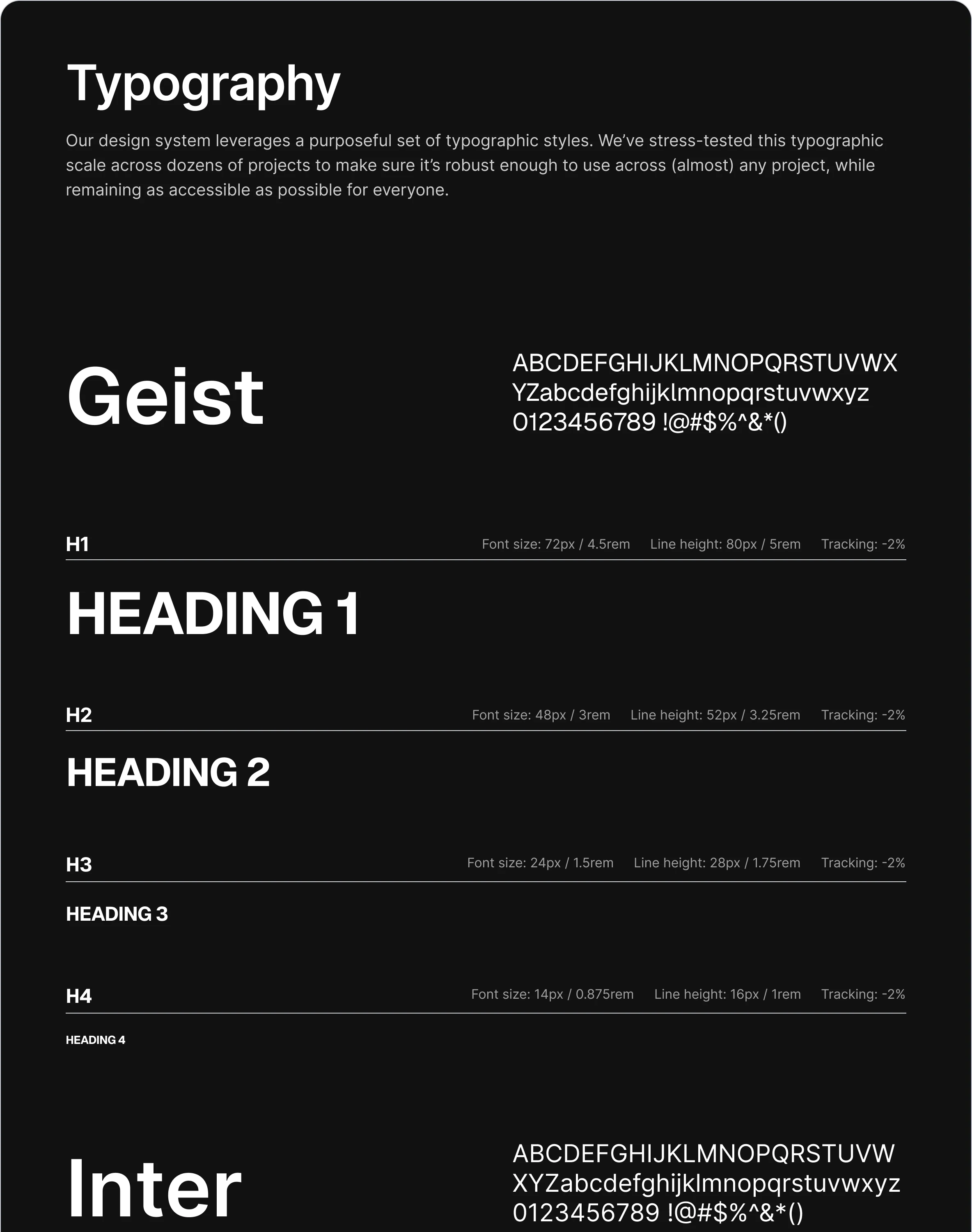 Blackdove design system typography page: Geist and Inter with the heading sizes, line heights and tracking