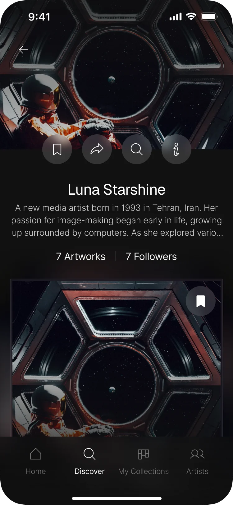 Blackdove mobile artist page: the artist’s name, bio, artworks and followers, and her collections