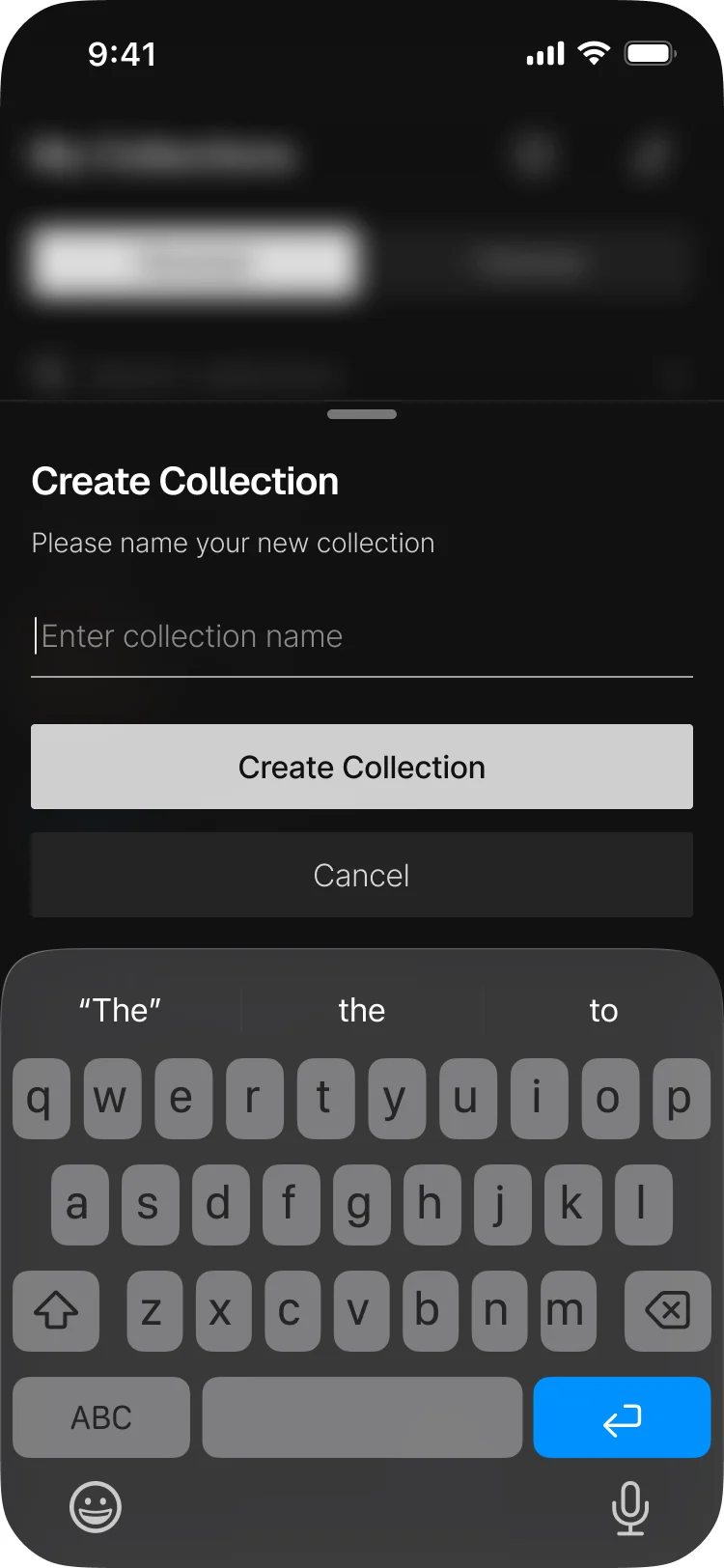 Blackdove mobile Create Collection sheet with a name field and the keyboard open