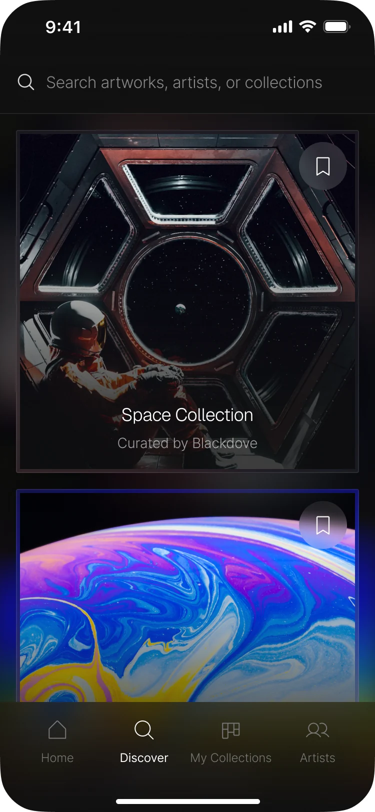 Blackdove mobile Discover: a search for artworks, artists or collections and large collection cards