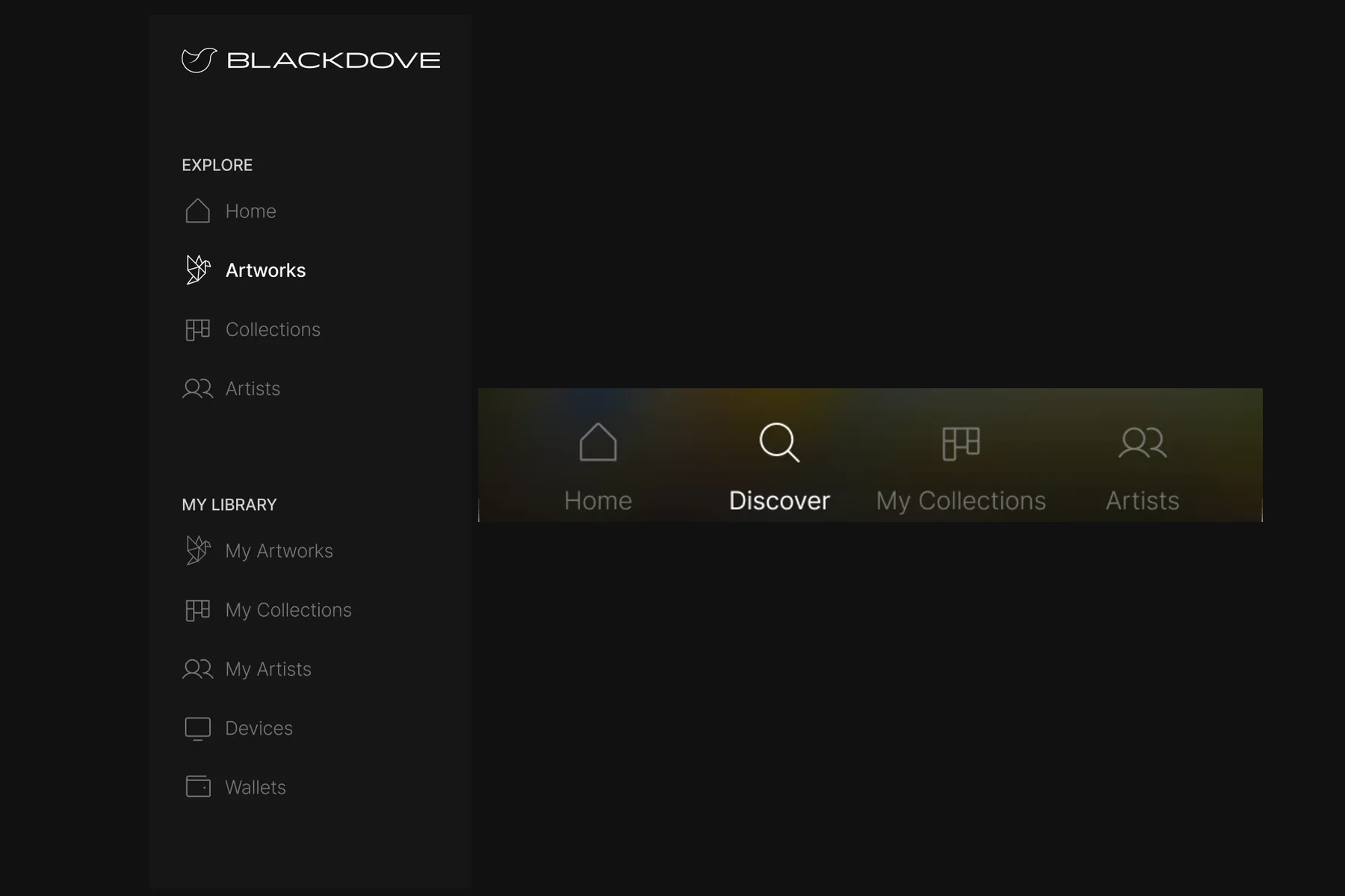 The web app menu with Explore, My Library and My Collections, next to the mobile app’s tab bar with Home, Discover, My Collections and Artists