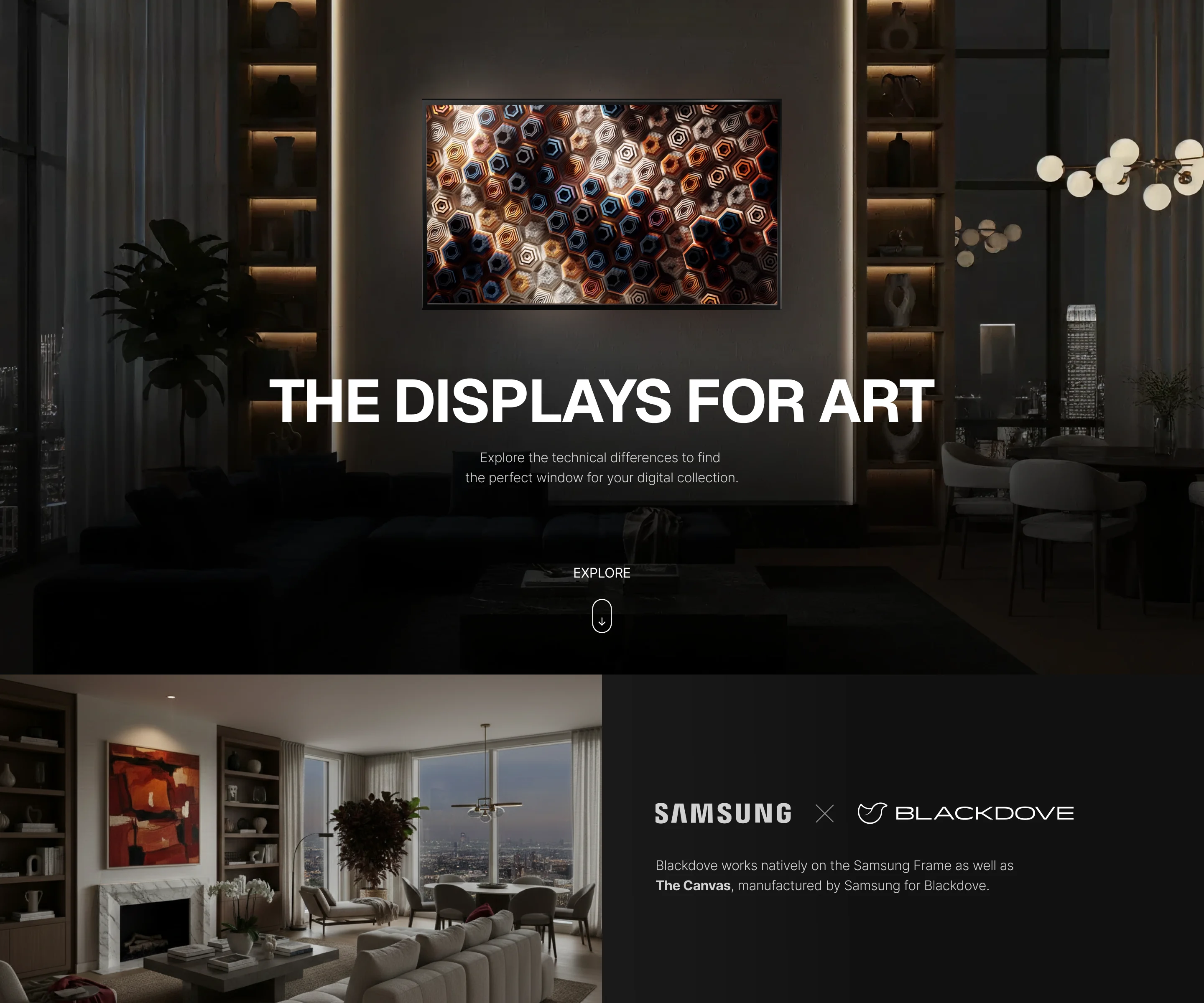 Blackdove comparison page: The Displays for Art, Samsung and Blackdove side by side, and Art That Lives Its Own Life with both screens compared
