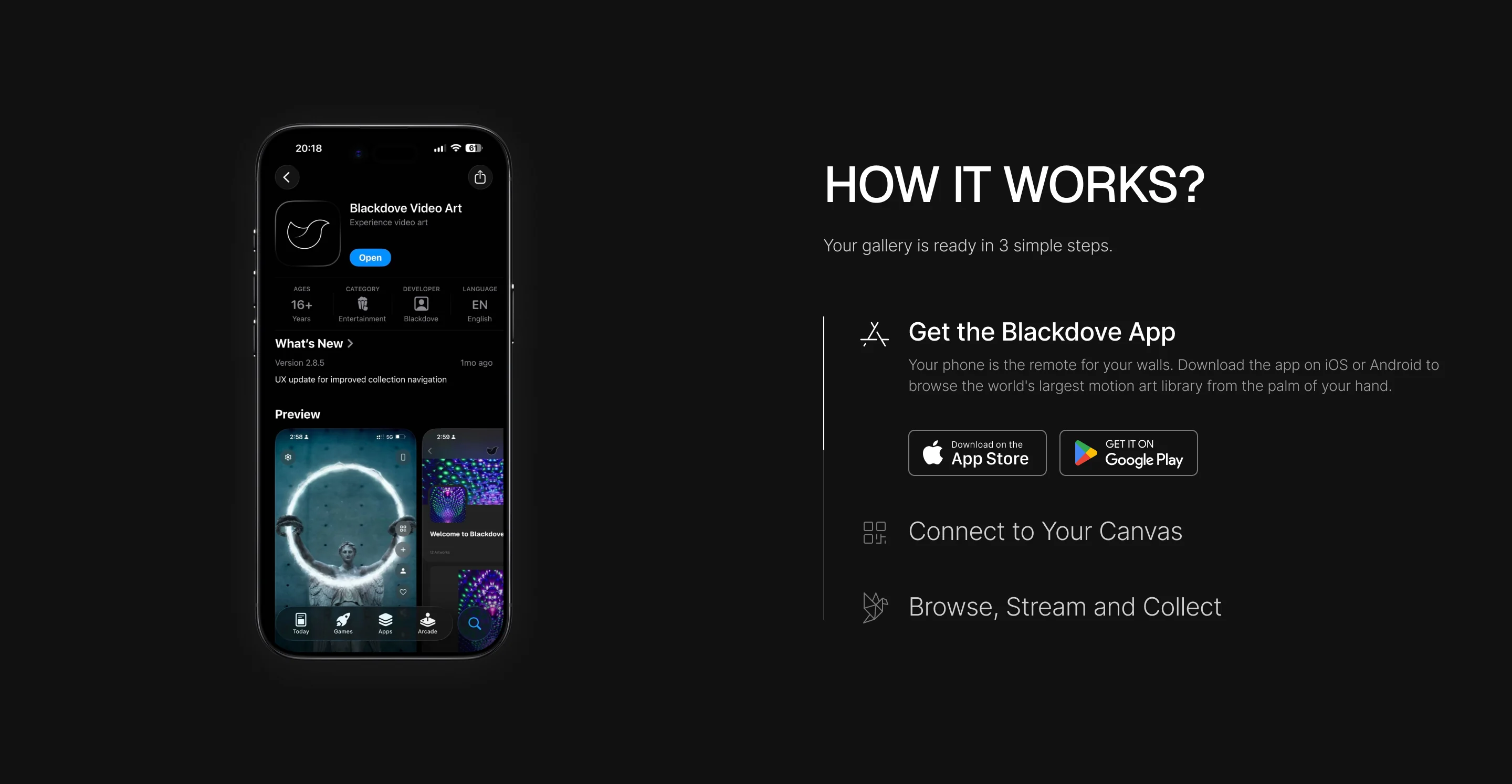 Blackdove How It Works section: get the Blackdove app, connect to your Canvas, then browse, stream and collect, next to the app on a phone