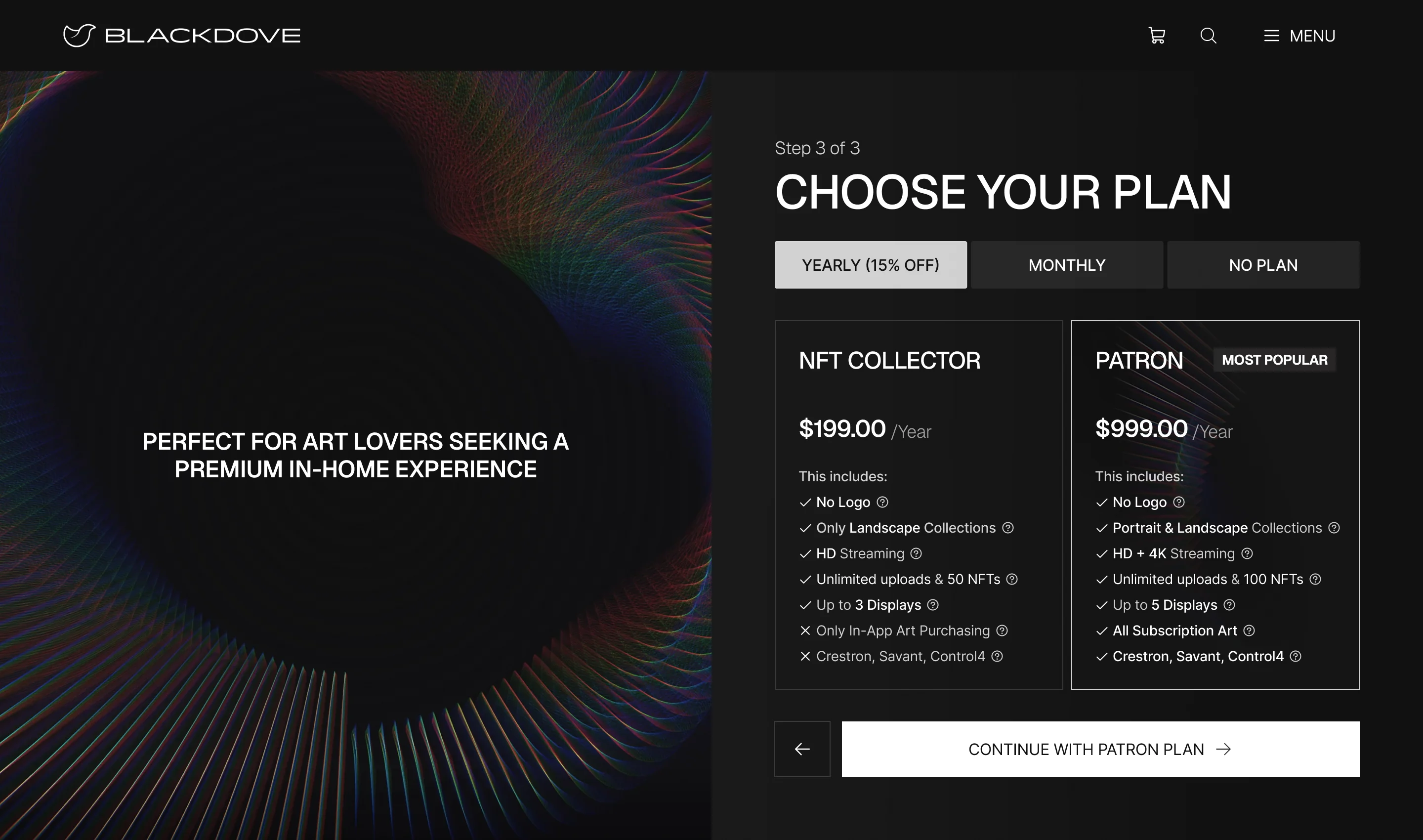 Blackdove Canvas configurator step 3 of 3: Choose Your Plan, yearly or monthly, with the NFT Collector and Patron plans compared