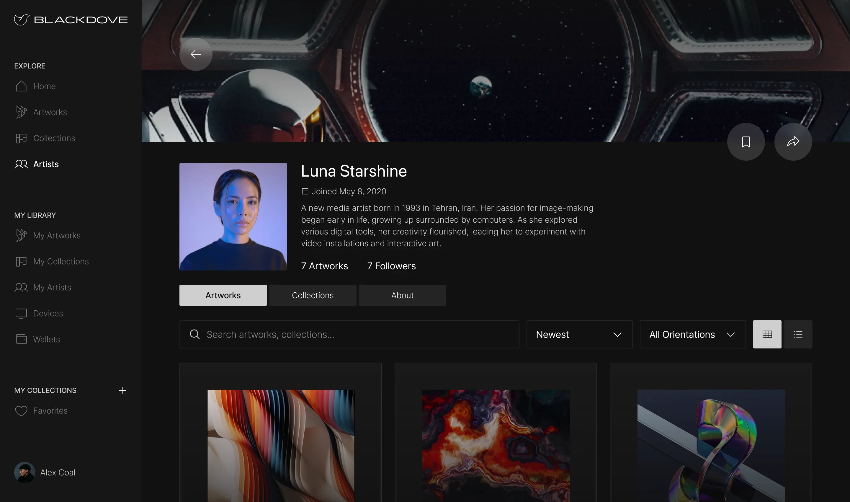 Blackdove web app artist page for Luna Starshine: bio, artworks and followers, and a searchable grid of her works