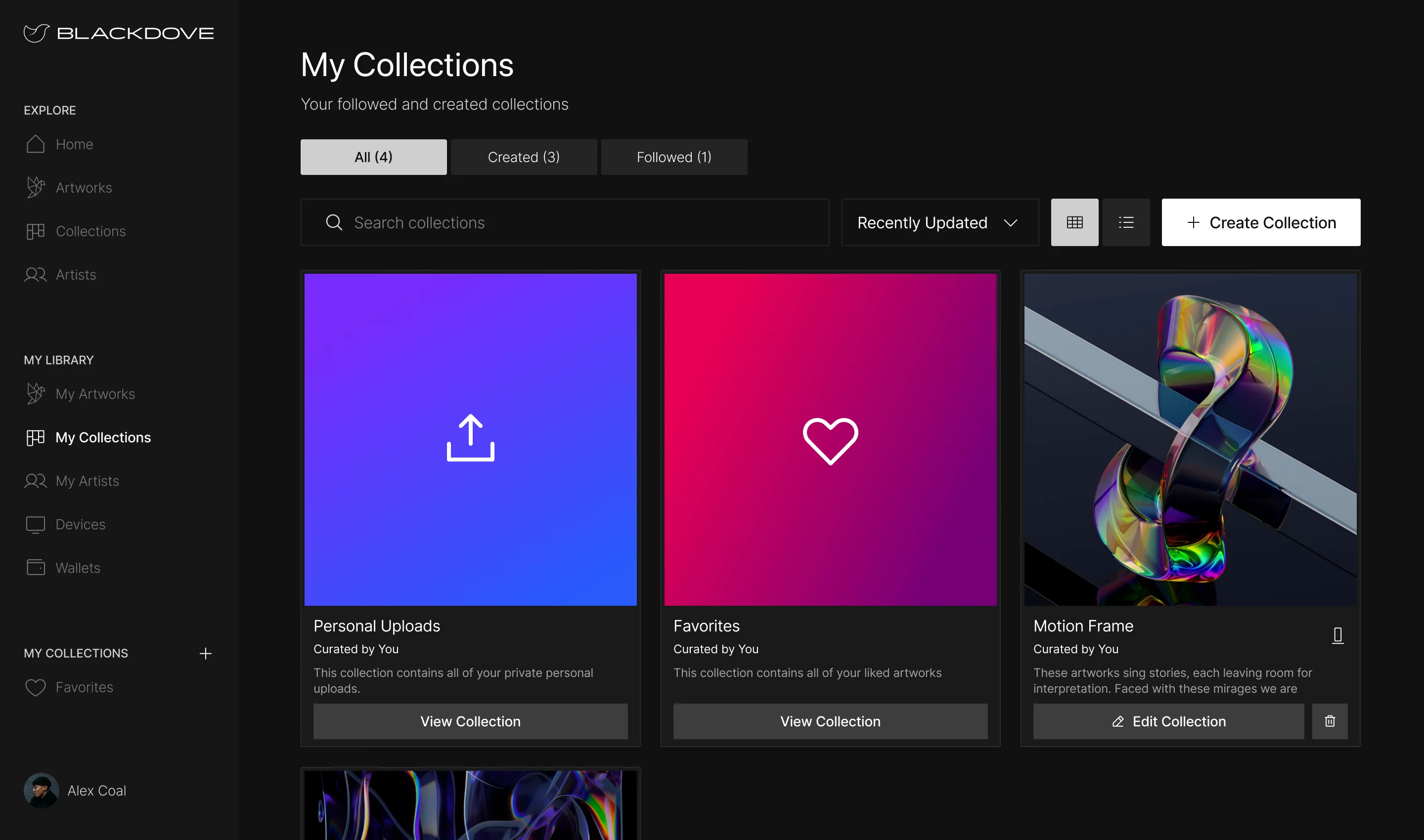 Blackdove web app My Collections: All, Created and Followed tabs, search and Create Collection, and collection cards