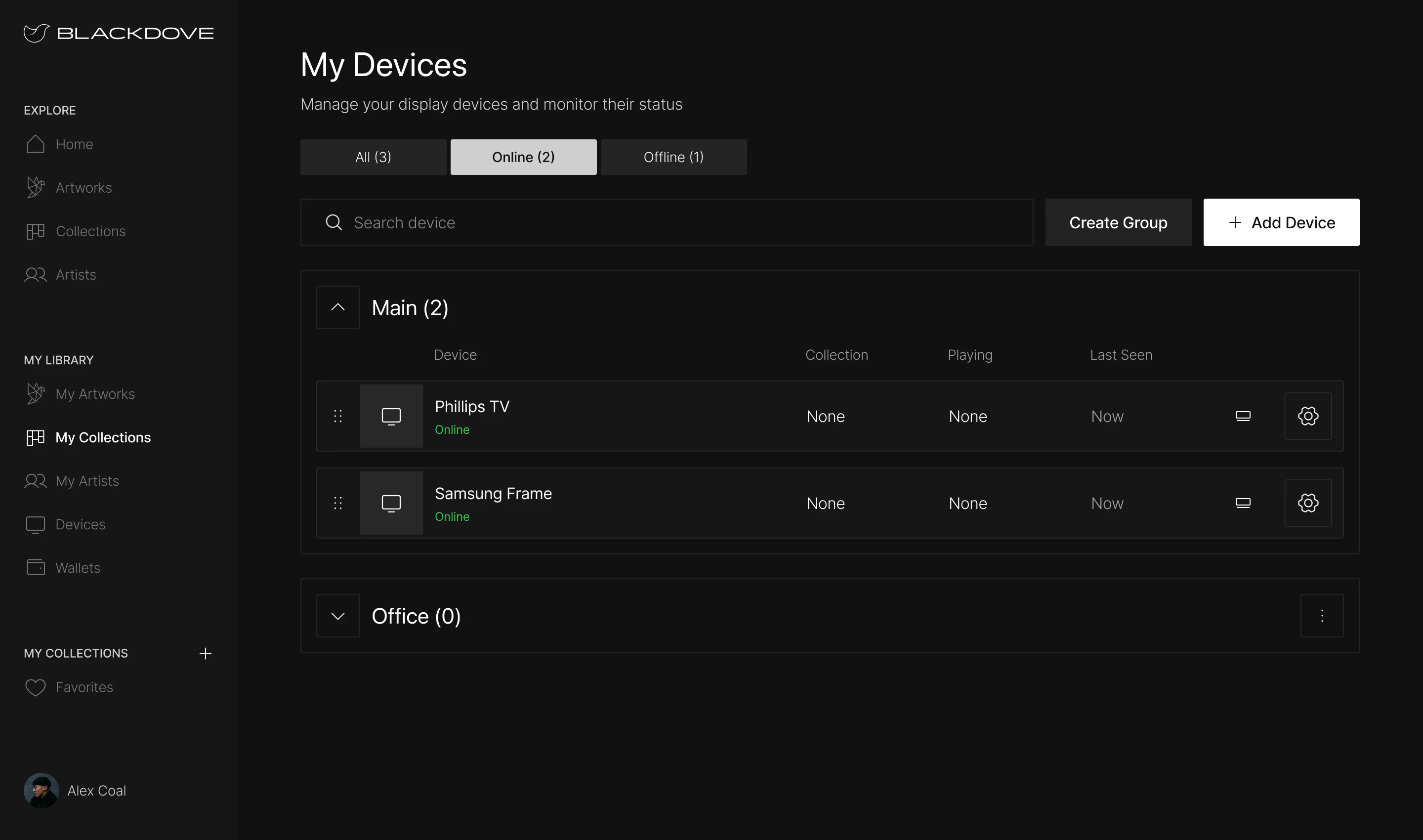 Blackdove web app My Devices: All, Online and Offline tabs, Create Group and Add Device, and the Main group with two online screens
