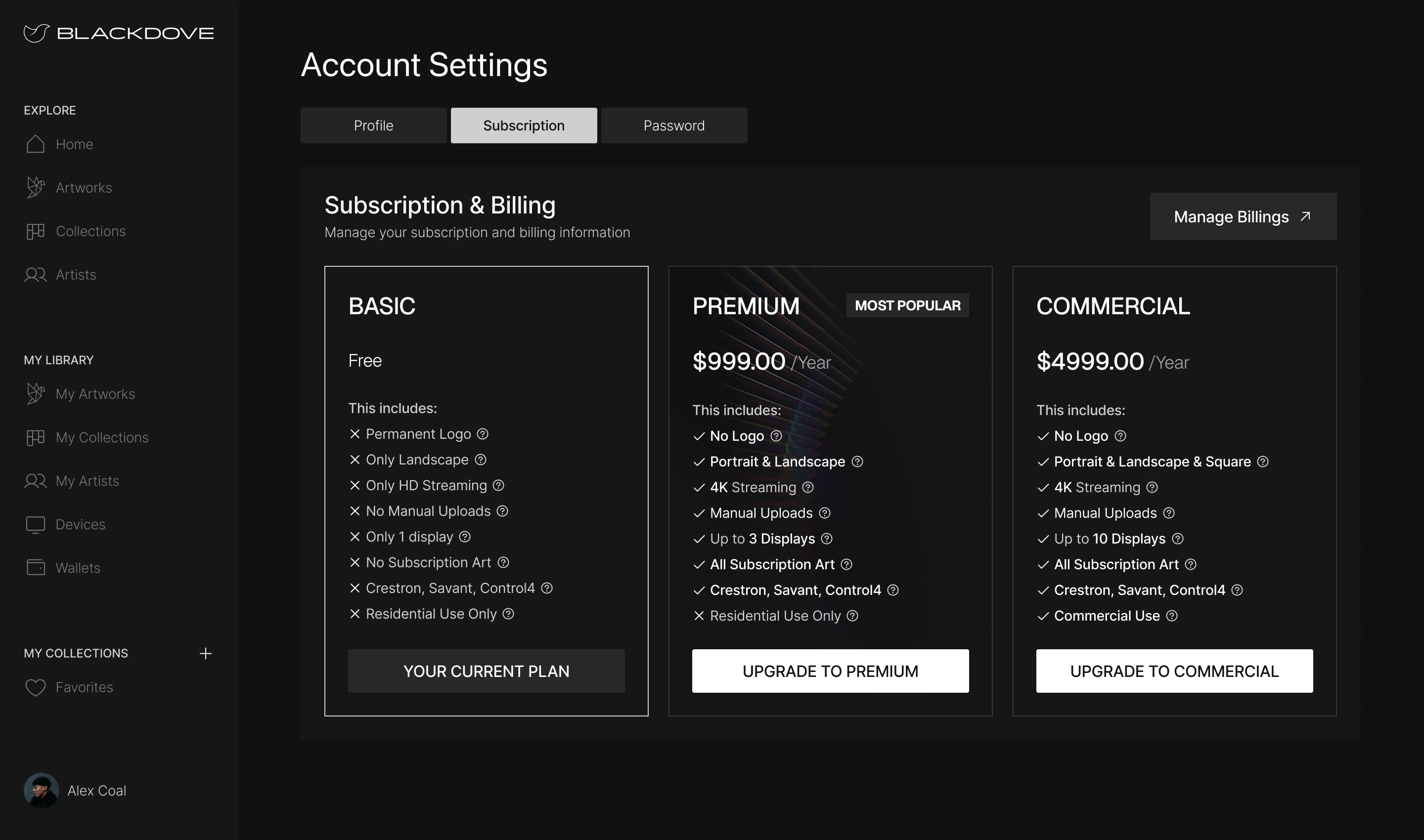 Blackdove web app Account Settings, Subscription: Basic, Premium and Commercial plans with what each includes, and Manage Billings
