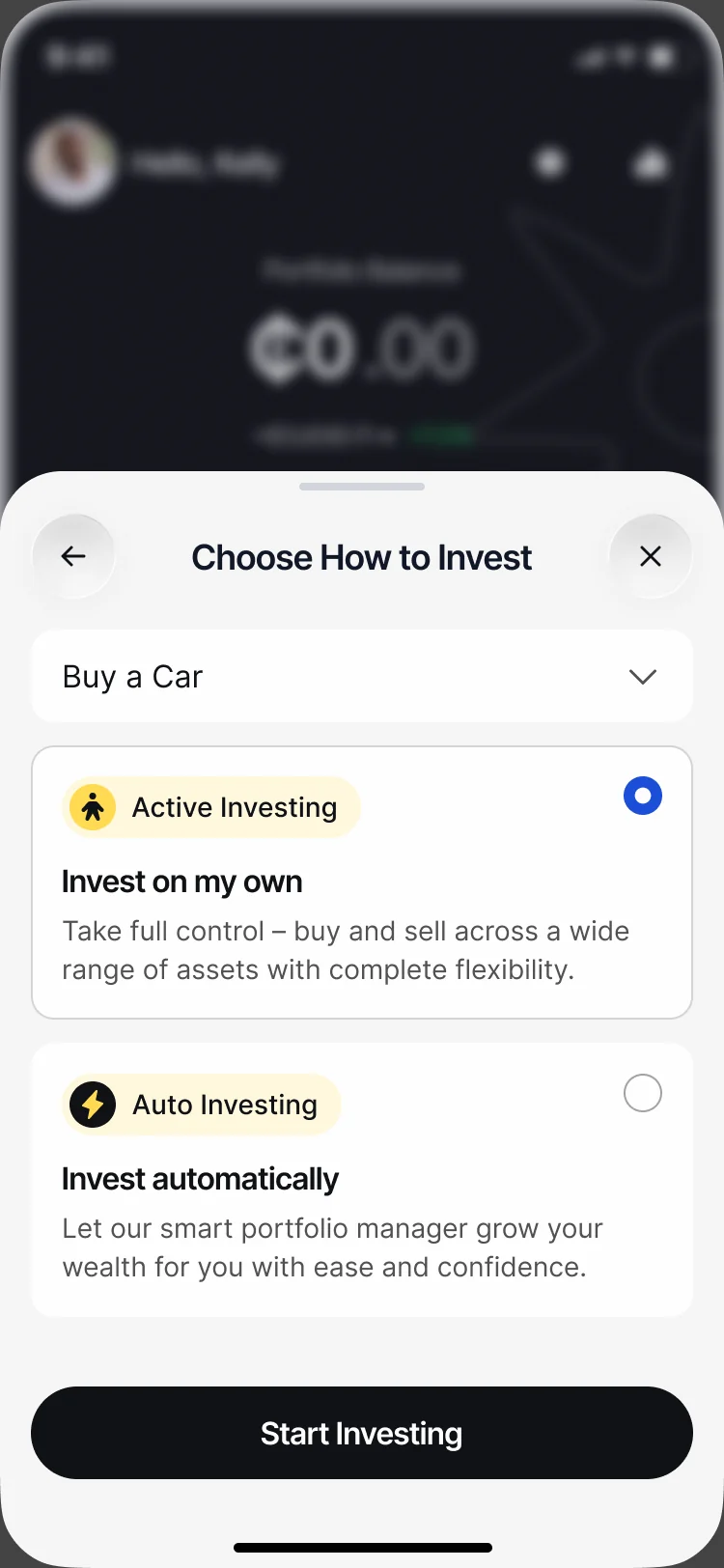 Choose How to Invest: for the goal Buy a Car, Active Investing to invest on my own or Auto Investing to invest automatically, and Start Investing