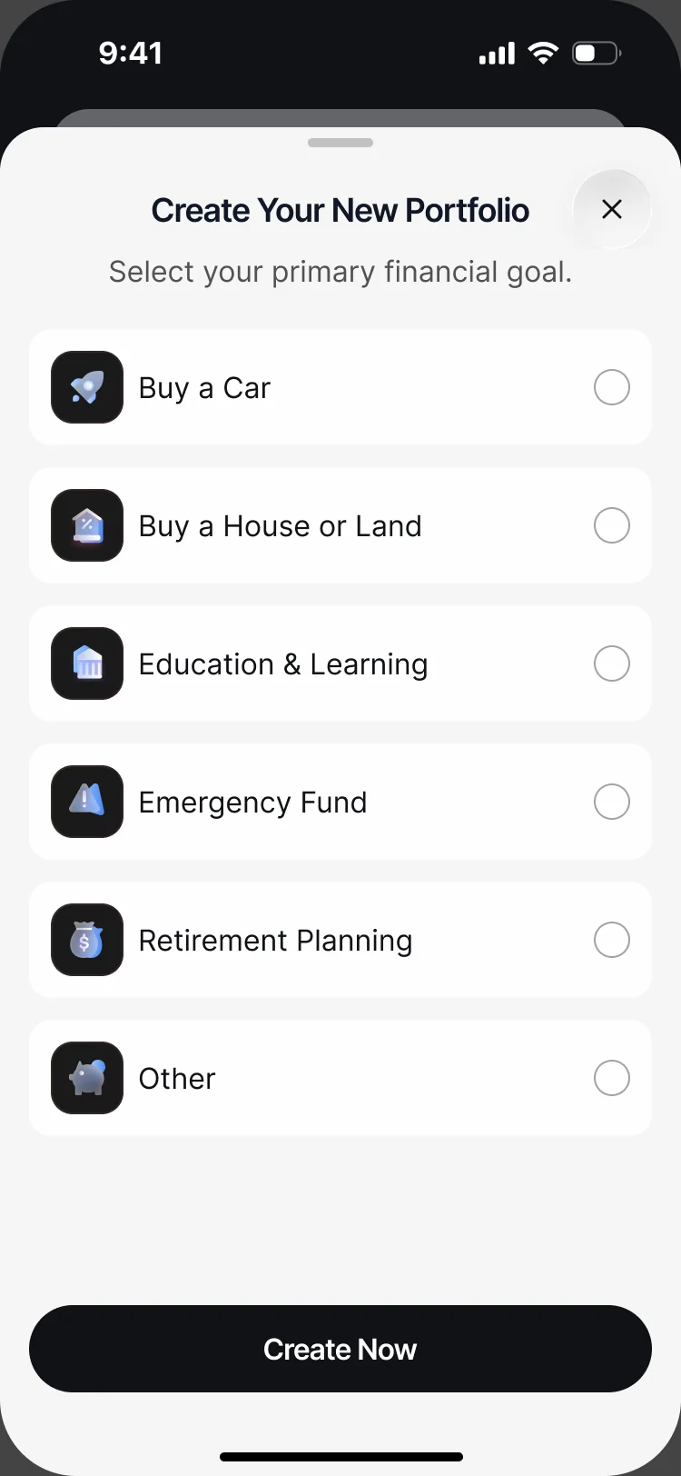 Create Your New Portfolio: Buy a Car, Buy a House or Land, Education & Learning, Emergency Fund, Retirement Planning or Other