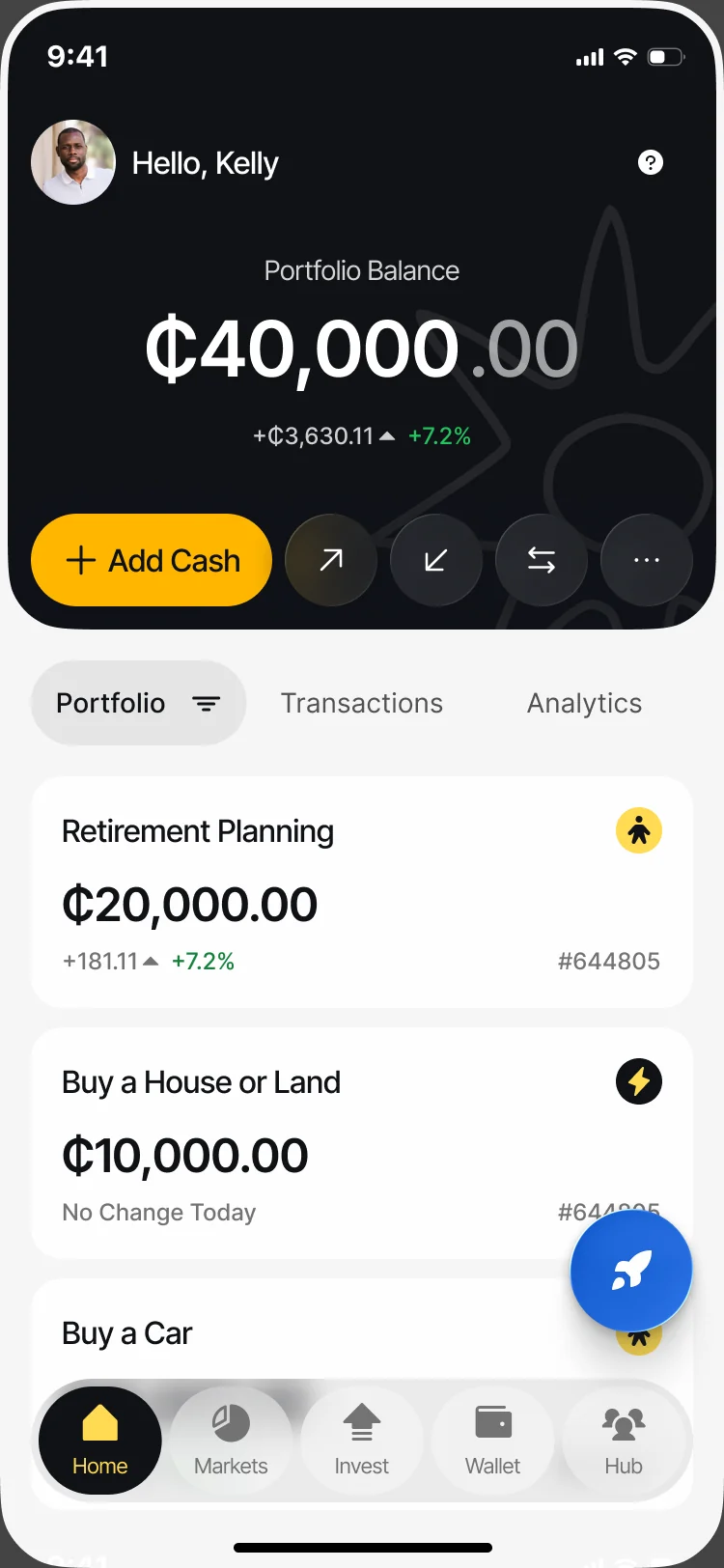 Blackstar portfolio home: Hello, Kelly, the portfolio balance of ₵40,000.00 with Add Cash and quick actions, the Portfolio, Transactions and Analytics views, and goal cards for Retirement Planning and Buy a House or Land