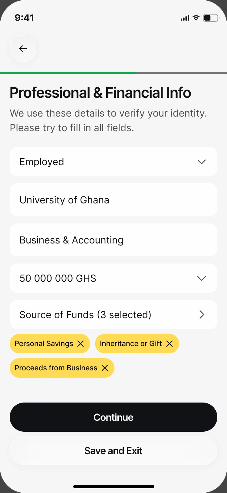 Professional & Financial Info: employment, employer, industry, income and three selected sources of funds, with Continue and Save and Exit