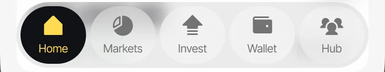 The Blackstar tab bar: Home selected, then Markets, Invest, Wallet and Hub