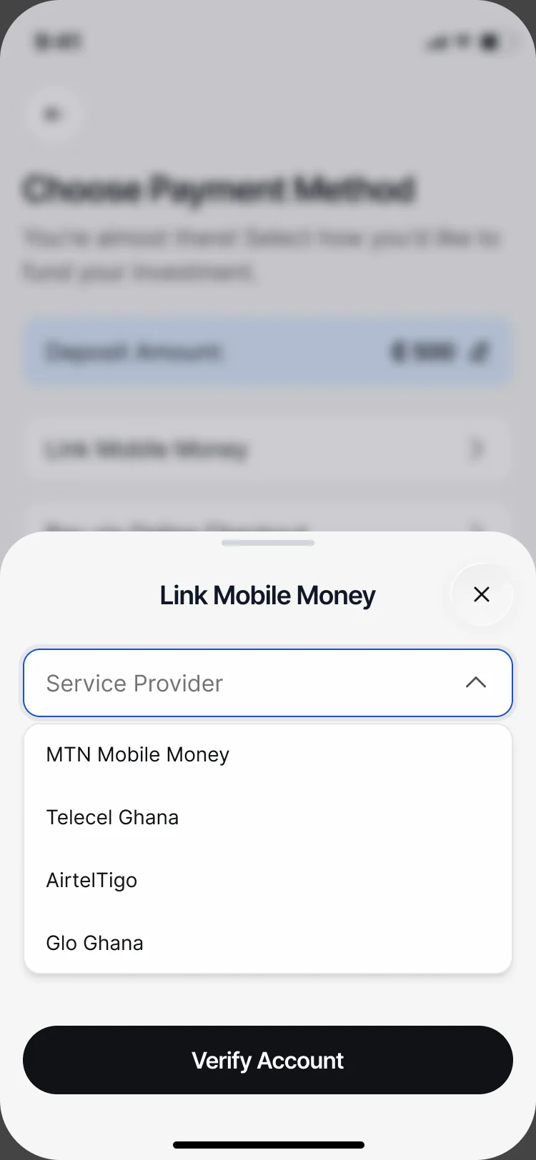 Link Mobile Money: a service provider list with MTN Mobile Money, Telecel Ghana, AirtelTigo and Glo Ghana, and Verify Account