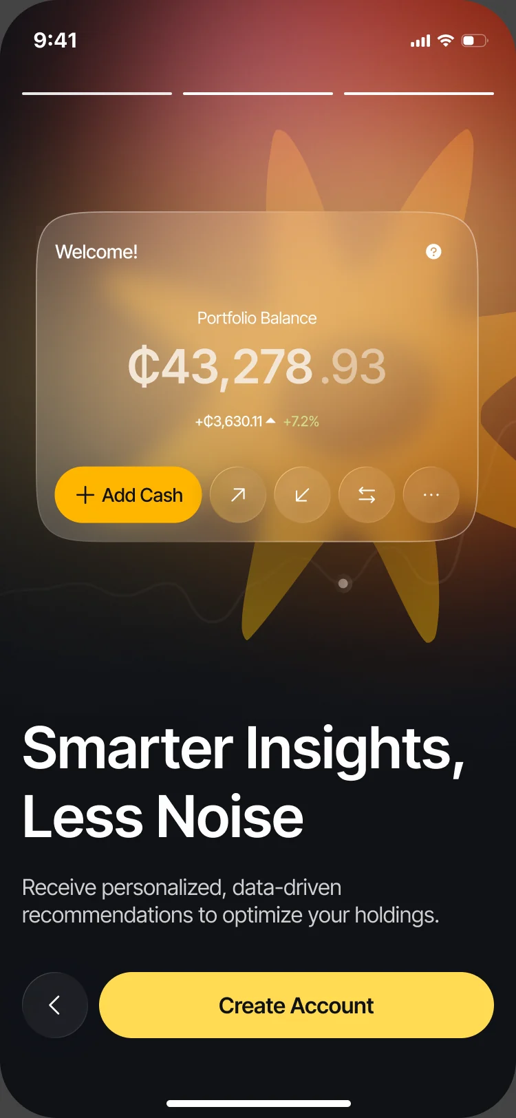 Blackstar onboarding: Smarter Insights, Less Noise, over a portfolio balance card with Add Cash, and Create Account
