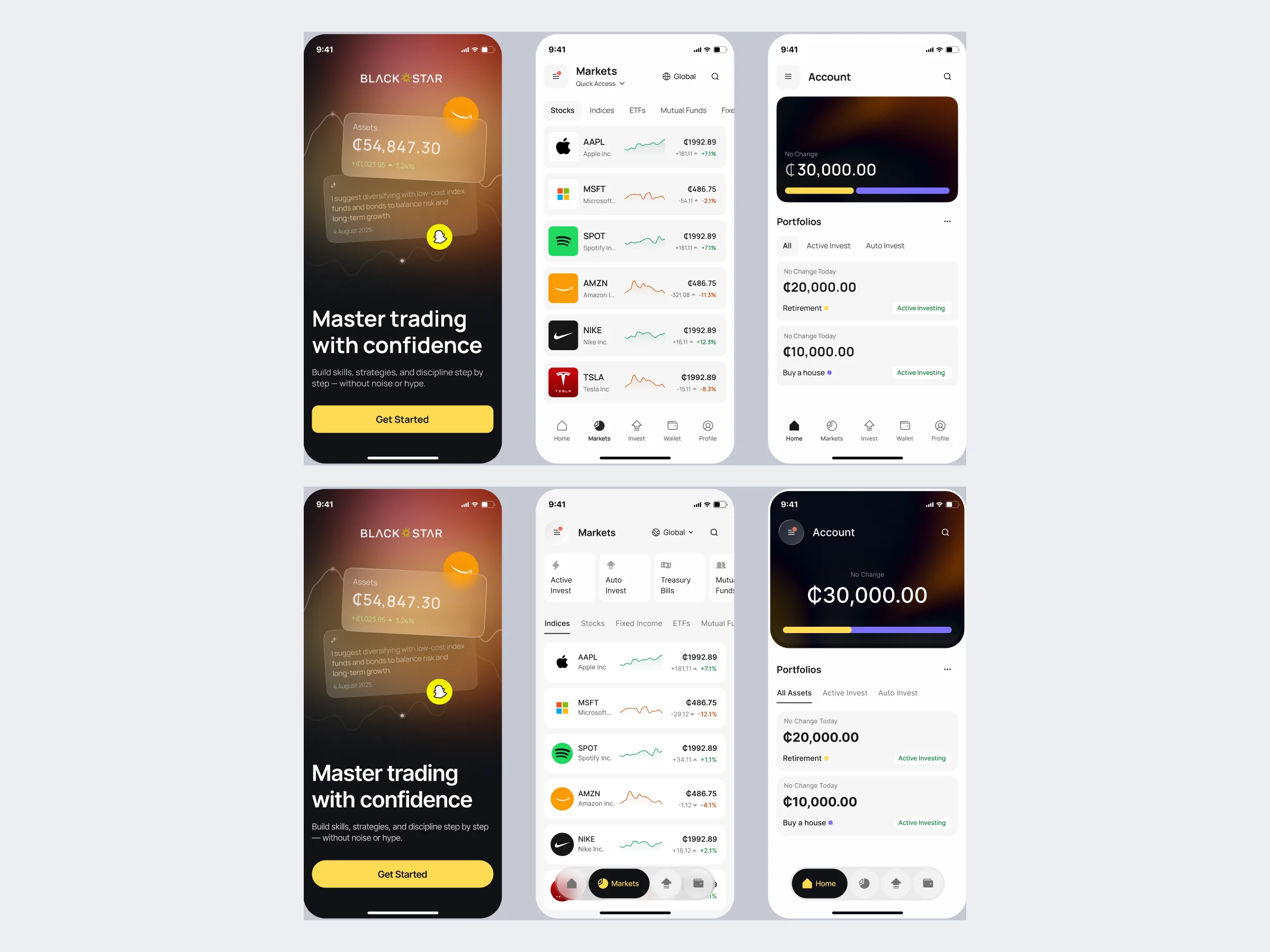 Two Blackstar visual styles on the same three screens: the onboarding, the markets list and the account home