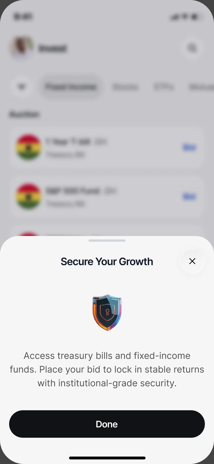 Secure Your Growth: a sheet over the Invest screen explaining treasury bills and fixed-income bids, with Done