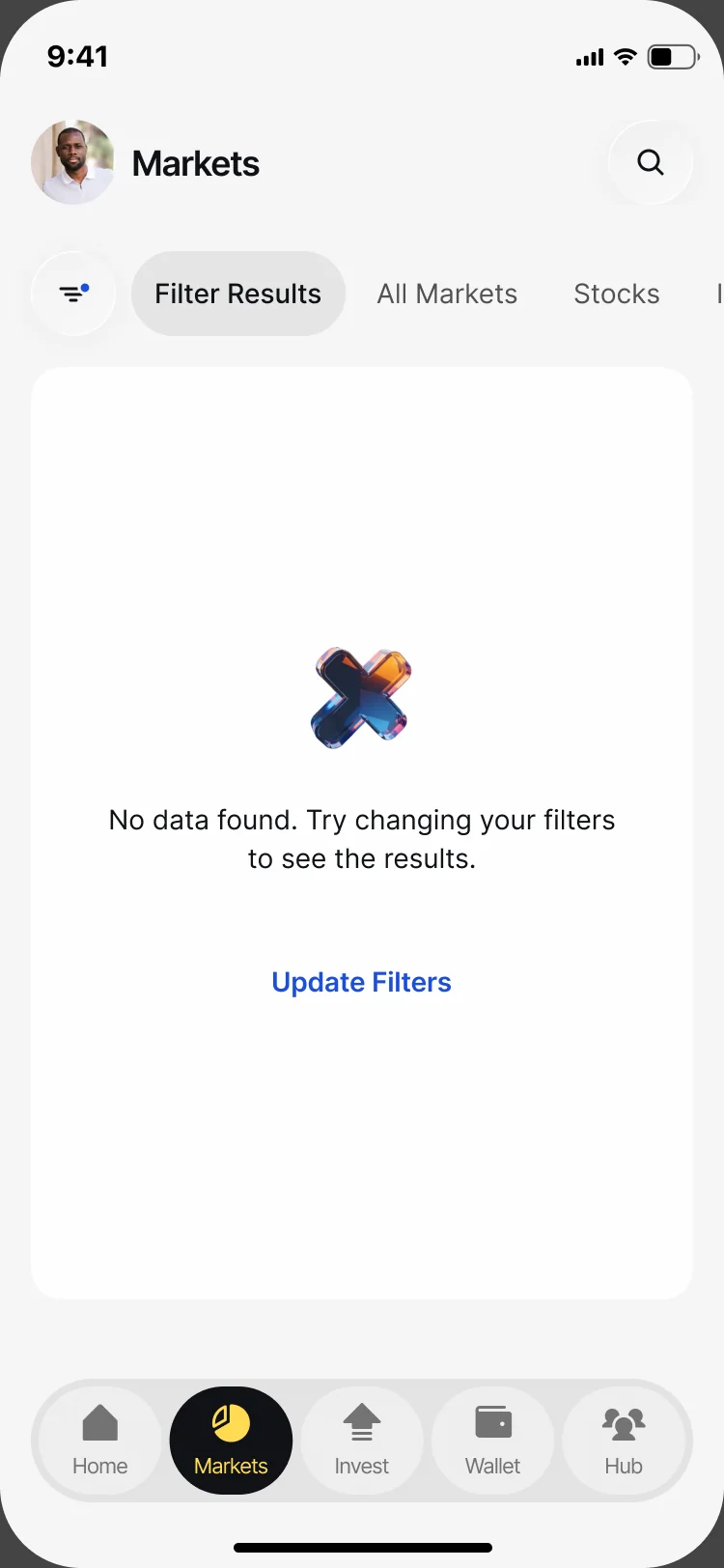 Markets with no data found for the filters, and Update Filters