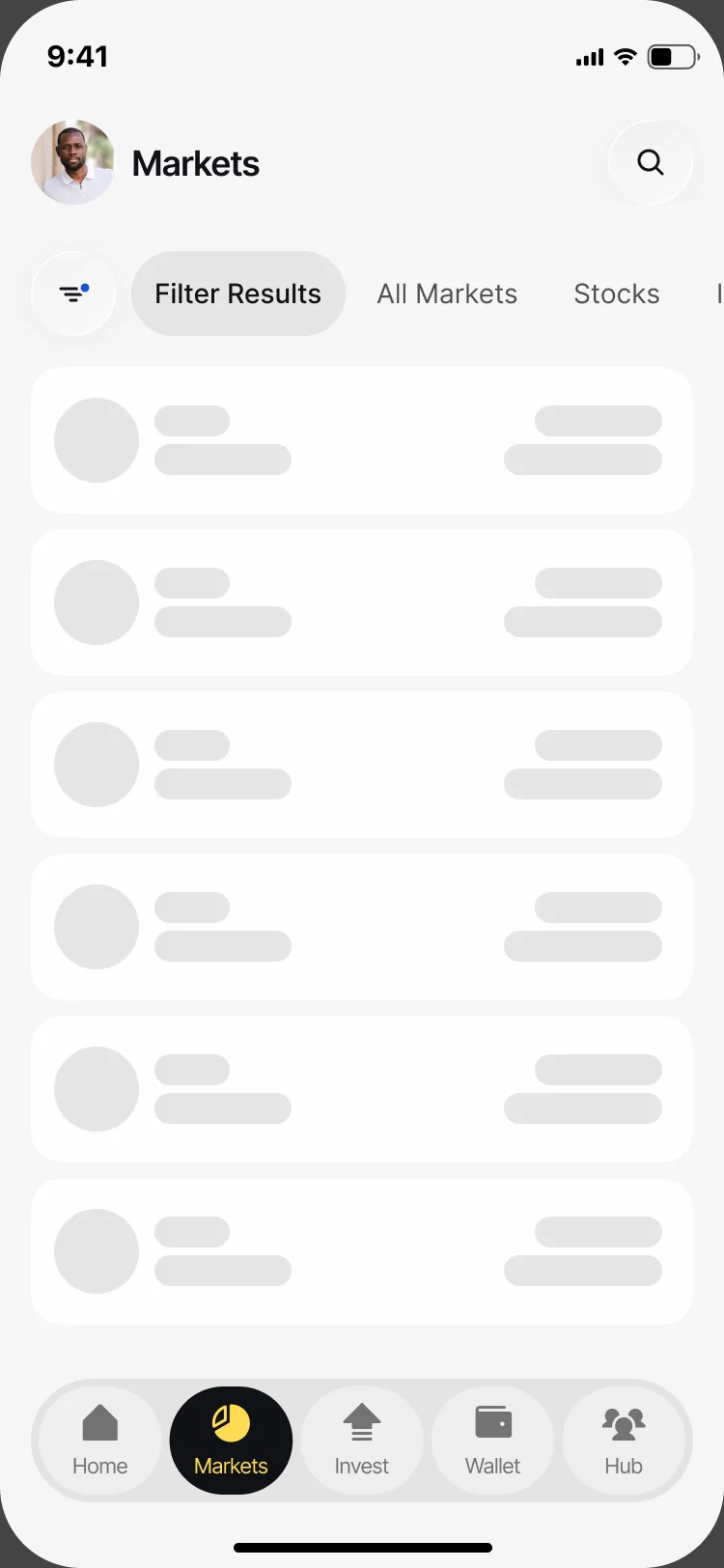 Markets loading: skeleton rows under the filter tabs