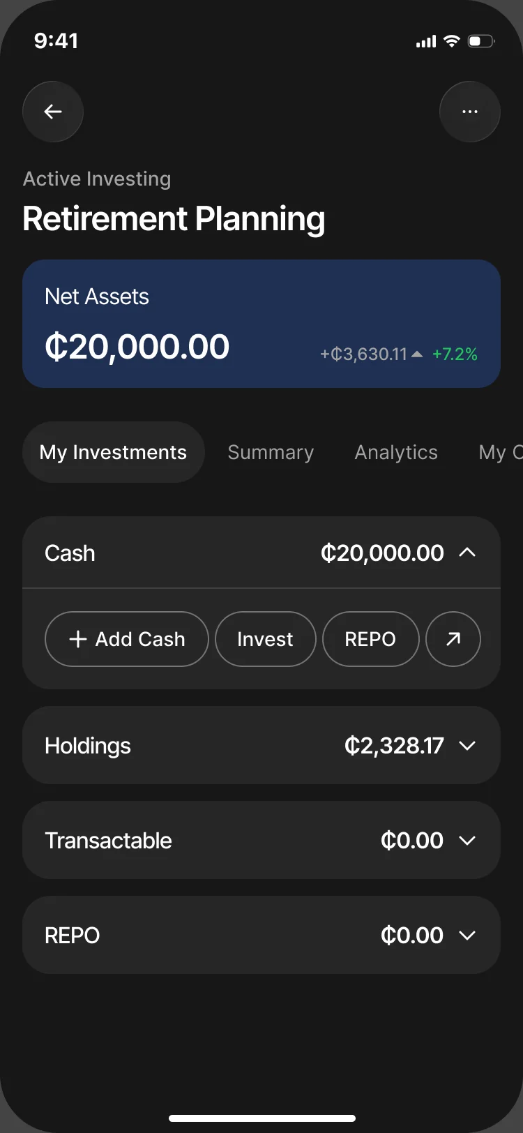 The same Retirement Planning portfolio in dark mode