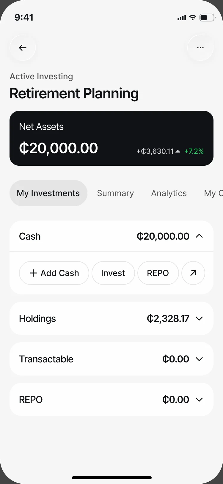 Retirement Planning portfolio in light mode: net assets, My Investments with cash, Add Cash, Invest and REPO, holdings, transactable and REPO