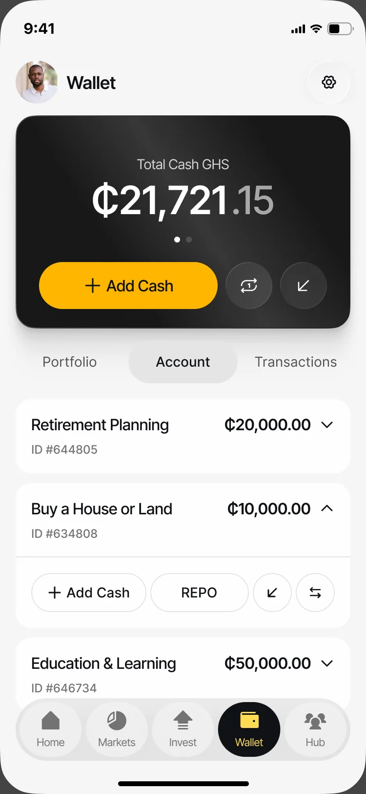 Wallet: total cash in GHS with Add Cash, and the Account view with Retirement Planning, Buy a House or Land and Education & Learning, one open with its actions