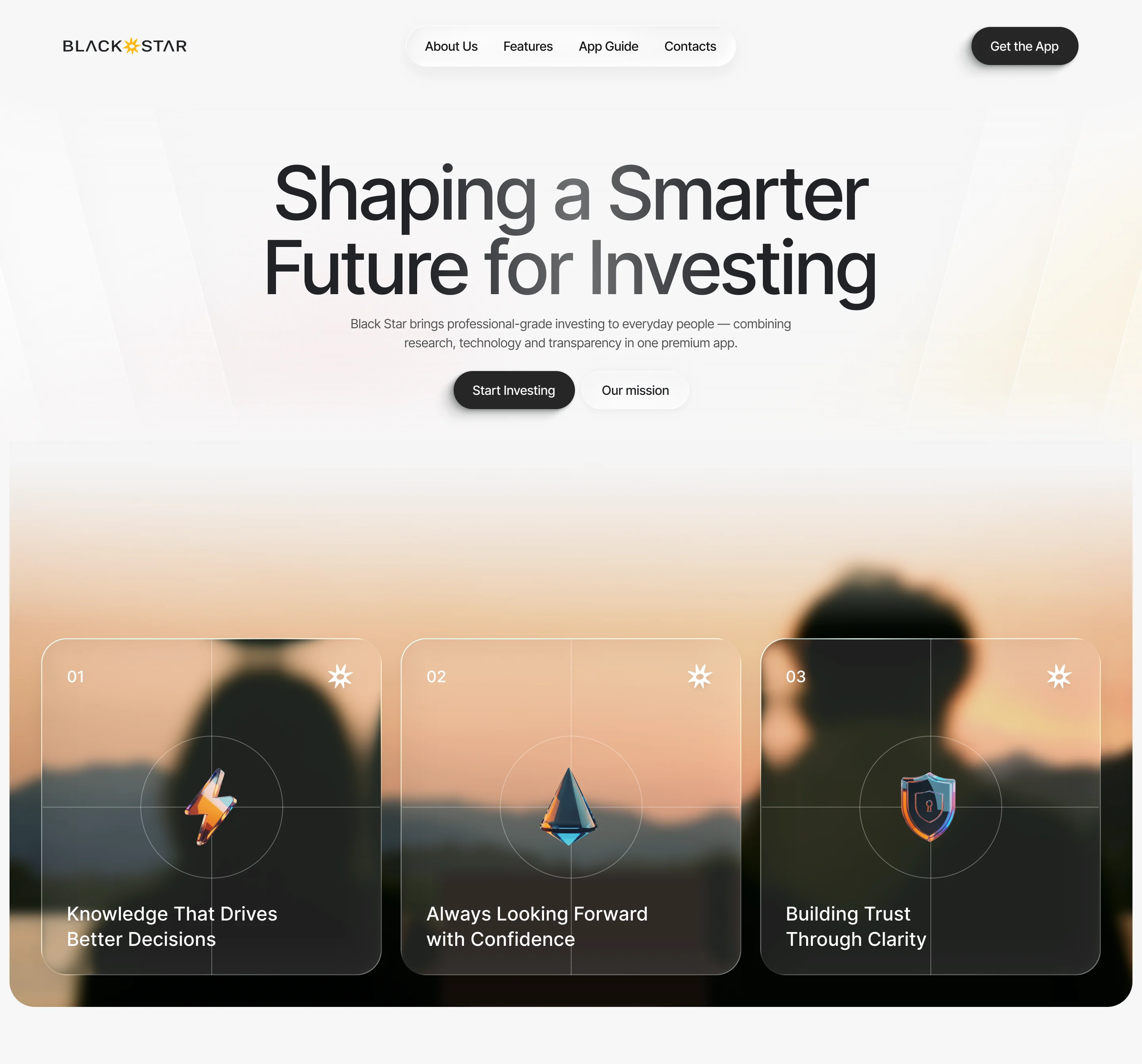 Blackstar website, About page on desktop: the navigation, Shaping a Smarter Future for Investing with Start Investing and Our mission, then three glass cards over a sunset photo: Knowledge That Drives Better Decisions, Always Looking Forward with Confidence, Building Trust Through Clarity