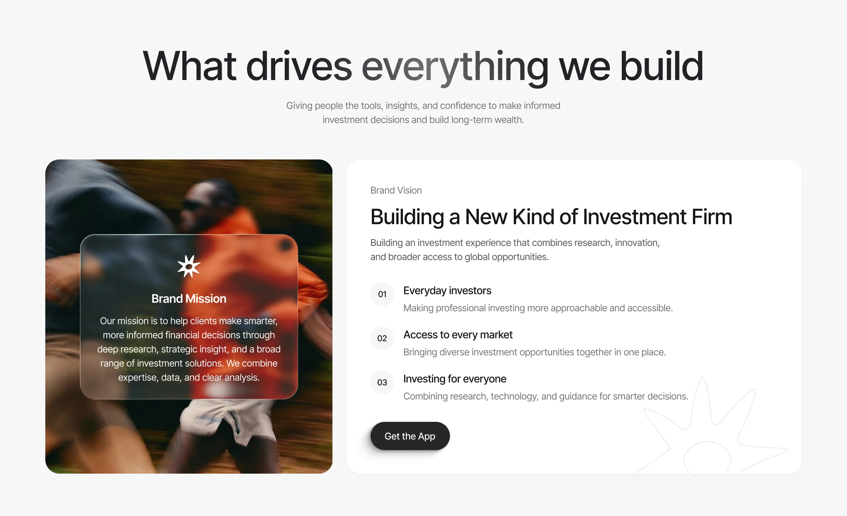 About page, What drives everything we build: a Brand Mission card over a photo of a runner, and the Brand Vision, Building a New Kind of Investment Firm, with everyday investors, access to every market and investing for everyone, and Get the App