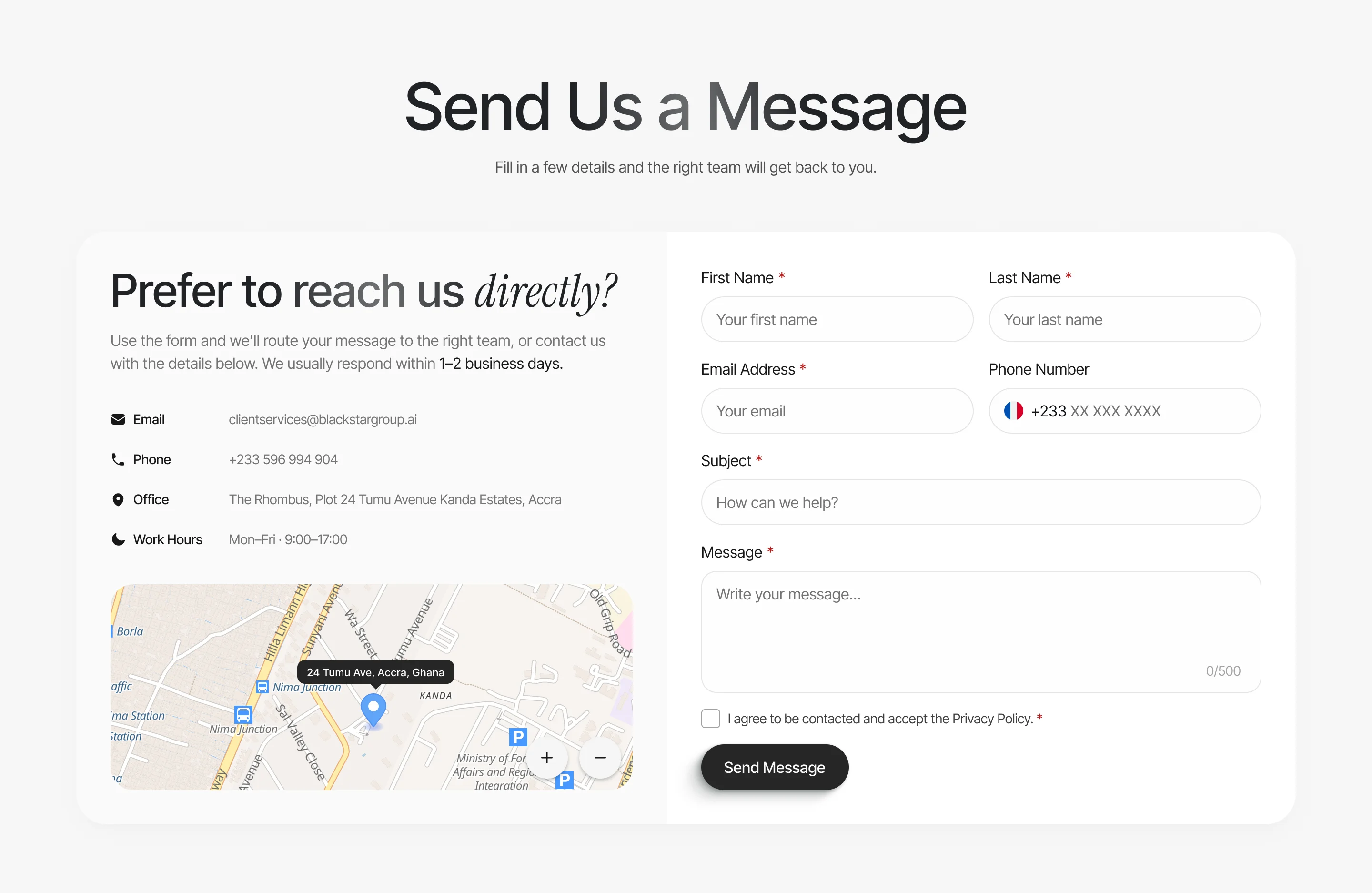 Contact page, Send Us a Message: the office email, phone, address in Accra and work hours above a map, beside a form for name, email, phone, subject and message with a consent checkbox and Send Message