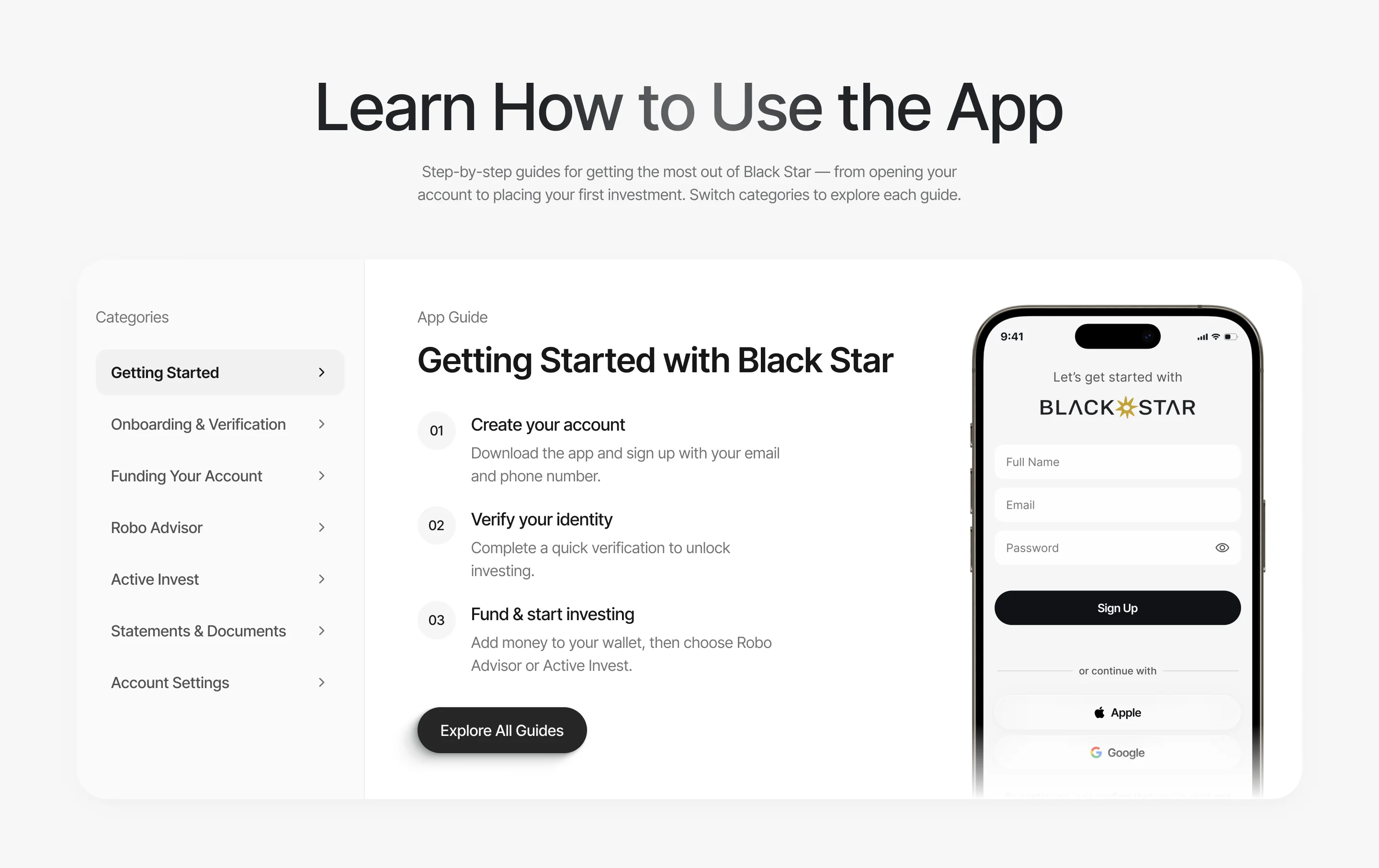 Home page, Learn How to Use the App: guide categories from Getting Started to Account Settings, three steps to create an account, verify your identity and start investing, and the app’s sign-up screen on a phone