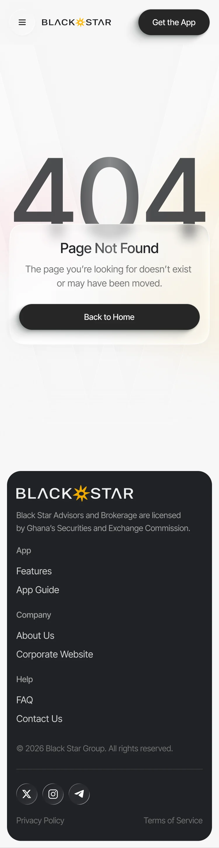Blackstar’s 404 page on a phone: the menu and Get the App, a large 404 behind a glass card with Page Not Found and Back to Home, then the dark footer with the licence note, the page links and social icons