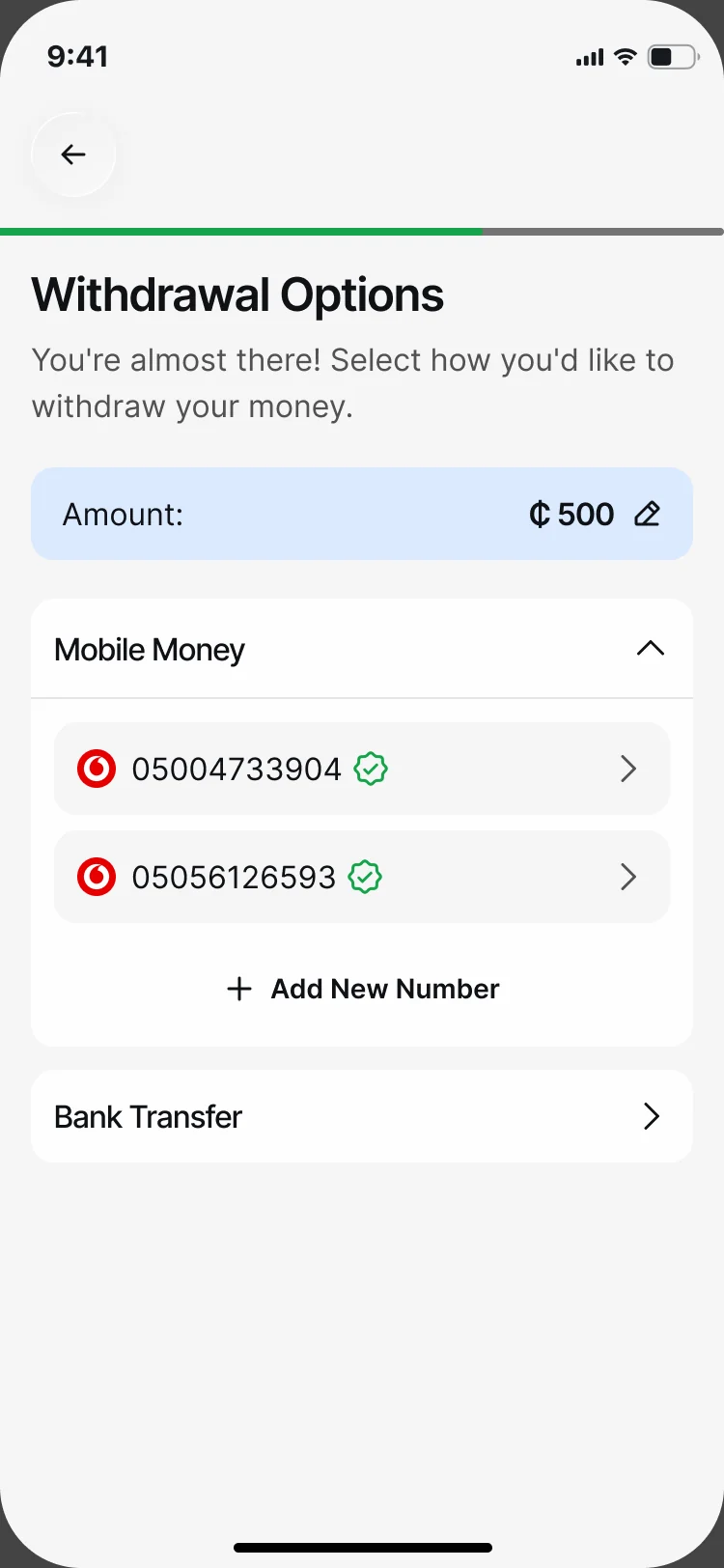 Withdrawal Options: ₵500 to one of two verified mobile money numbers or by bank transfer