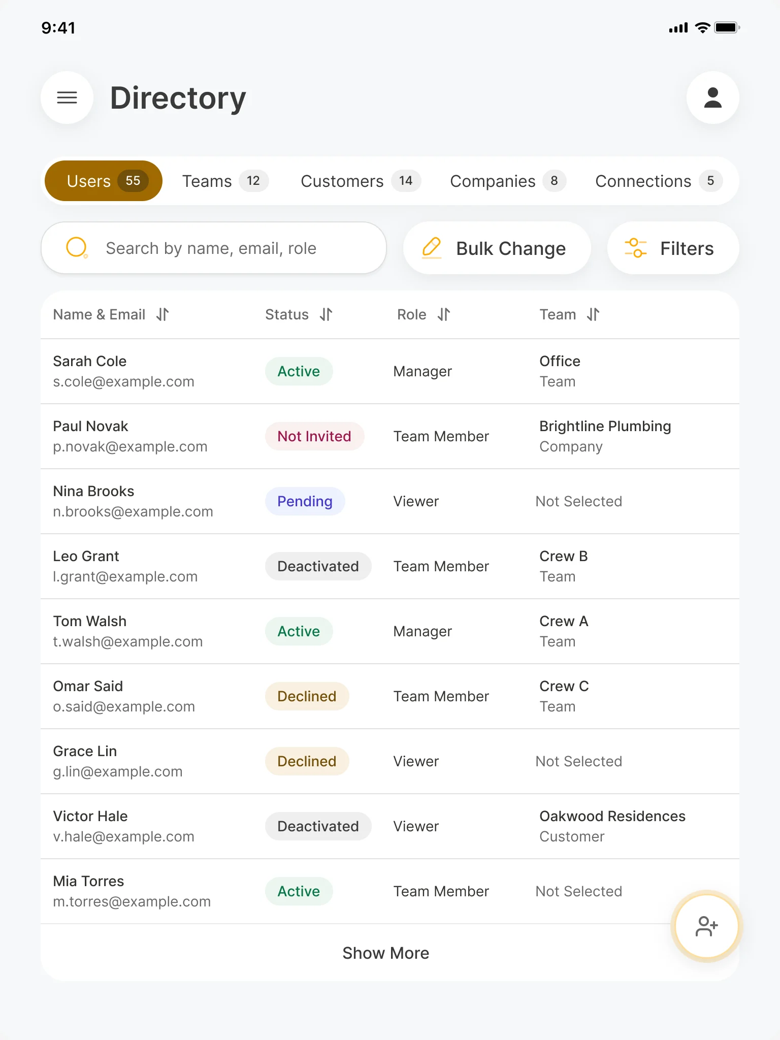 Directory users tab: nine people with active, not invited, pending, deactivated and declined statuses, their role and their team, customer or company