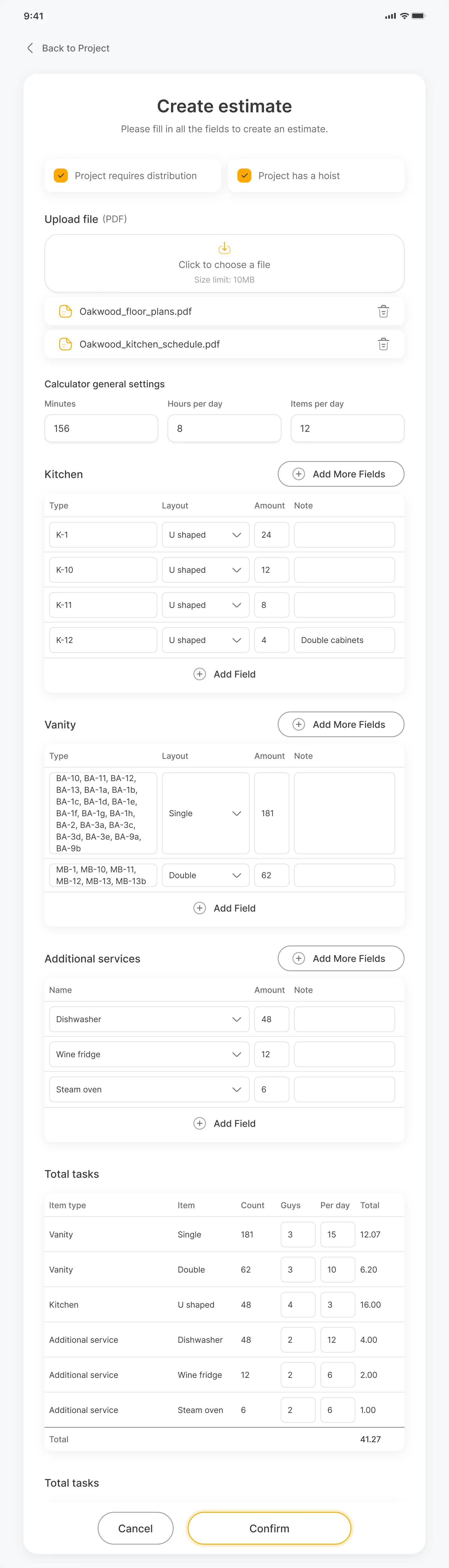 Create estimate form: uploaded PDFs, calculator settings, kitchen types K-1 to K-12, vanity codes, dishwasher, wine fridge and steam oven, and the total tasks table in installation days