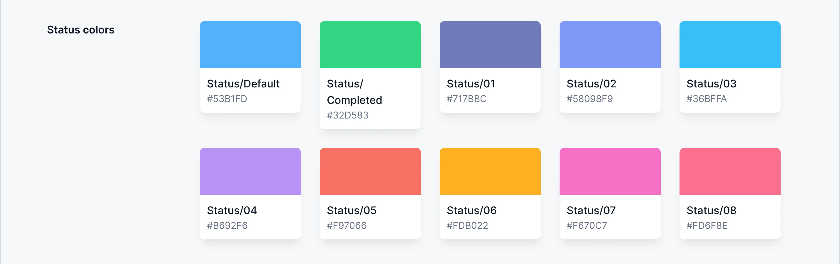 Cabinit UI kit status colours: default, completed and eight numbered status colours with their hex values