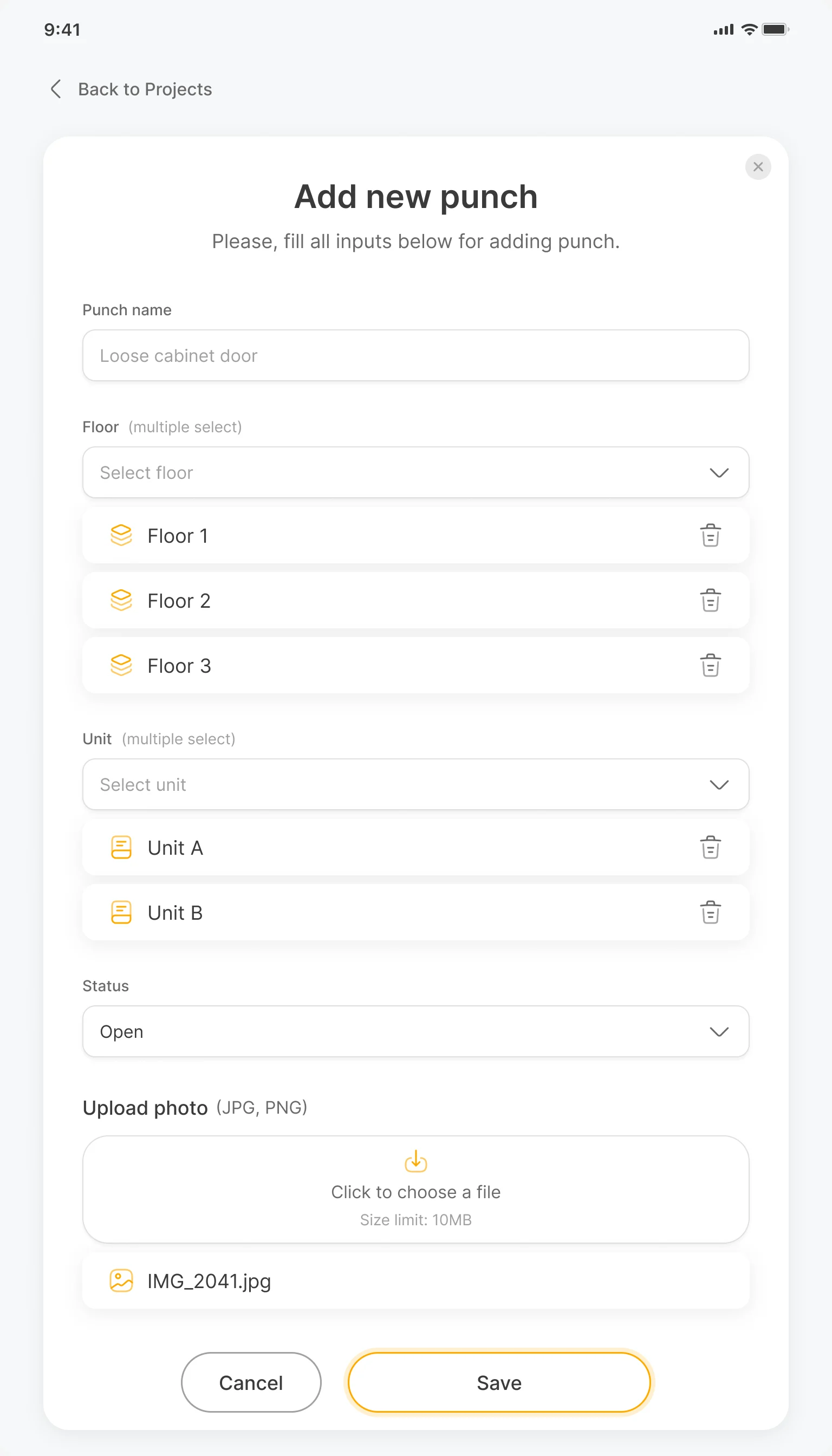 Add new punch form: the punch name, floors and units as multiple choice, the Open status and an uploaded photo