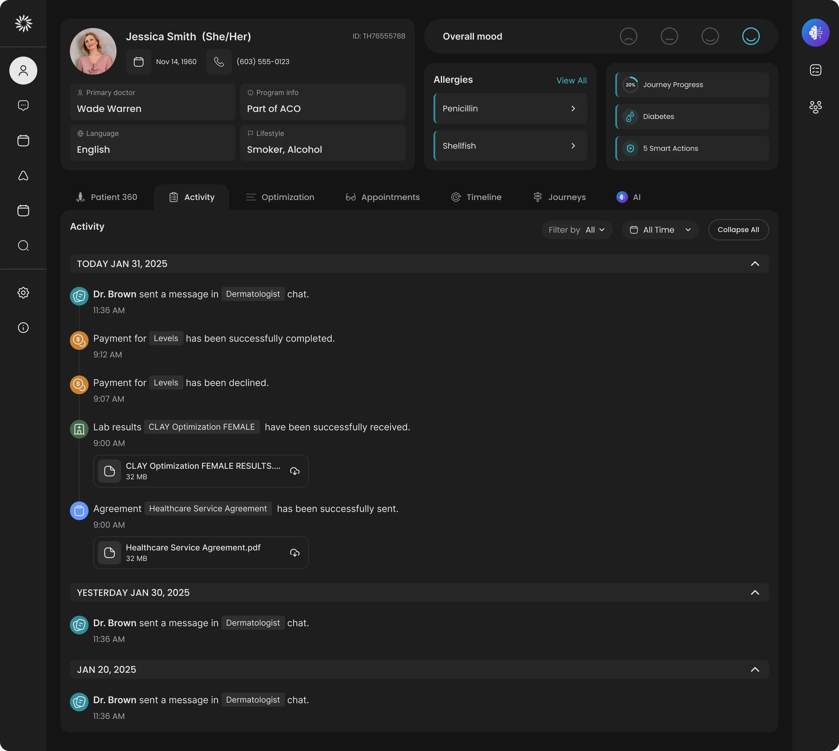 The Activity tab of a patient record with events grouped under today, yesterday and an earlier date: a message from a doctor, two payments, a lab result with its file and an agreement with its file