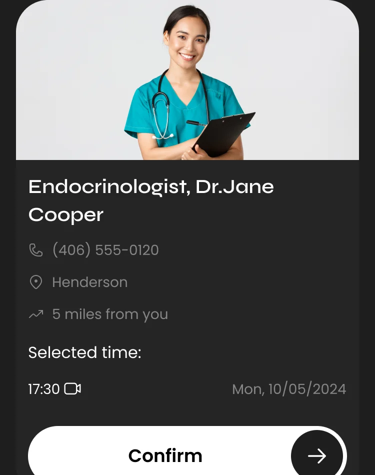 The provider card on the confirmation screen: photo, name, phone, city, distance, the selected time and a Confirm button