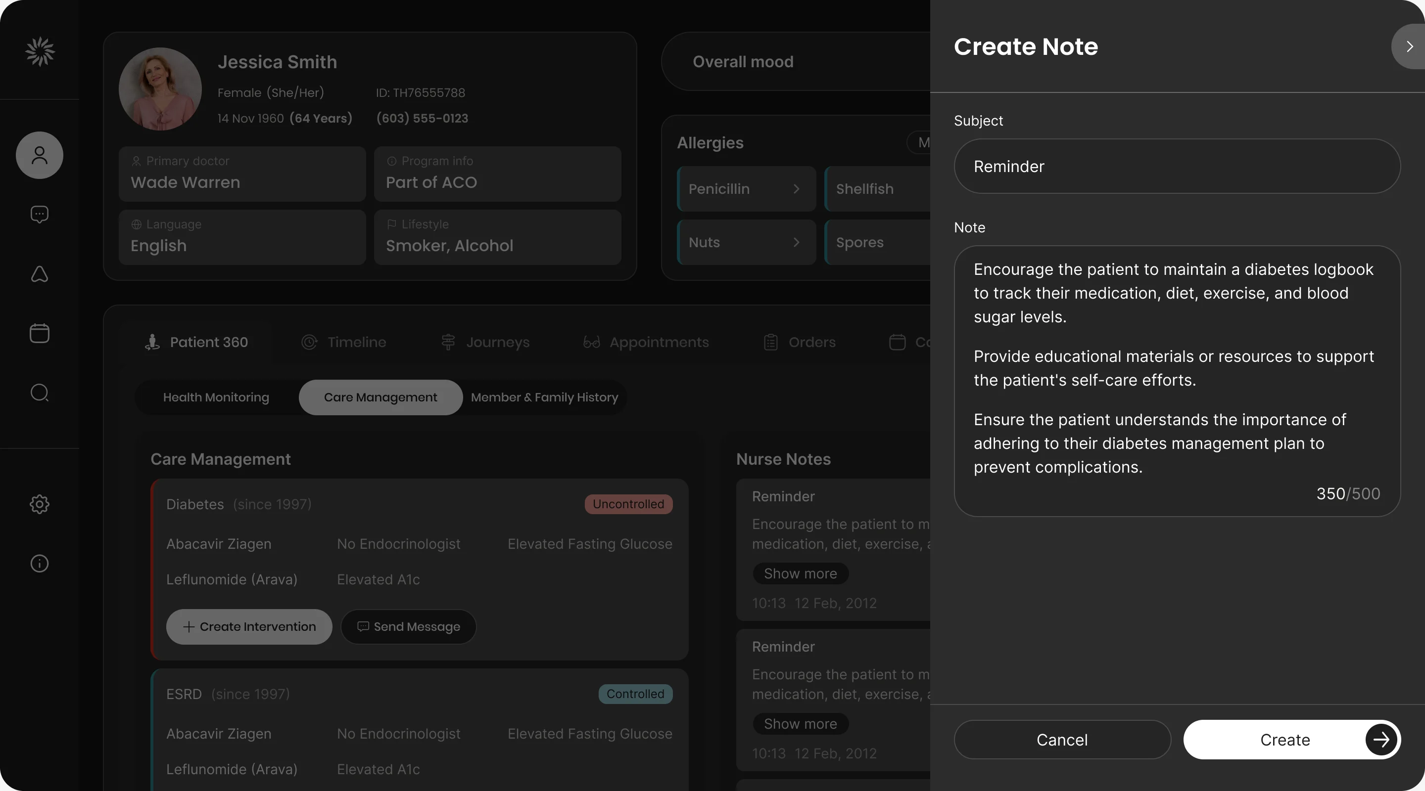 A Create Note drawer over the care management tab with a subject field, a note field and Cancel and Create buttons