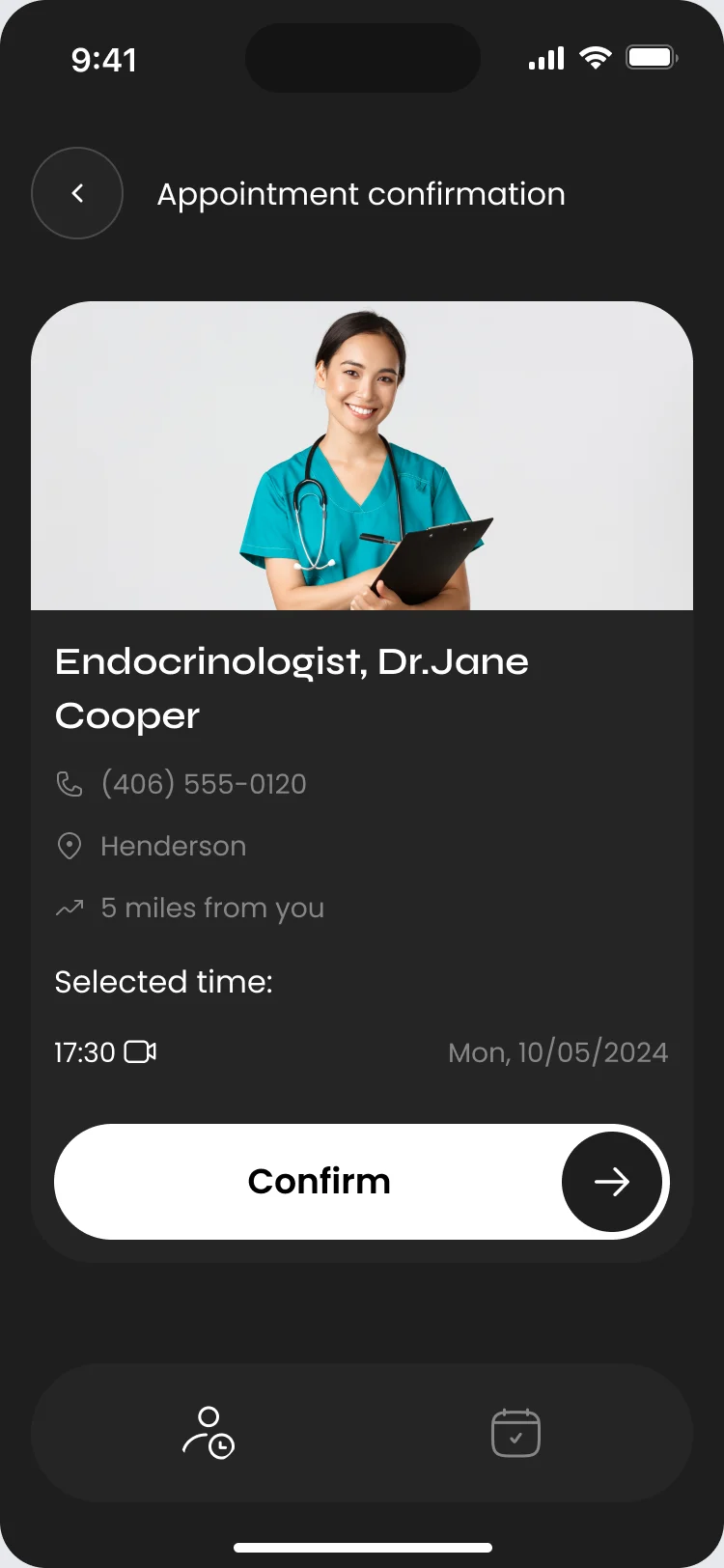 The appointment confirmation screen with the provider, her details, the selected time and a Confirm button