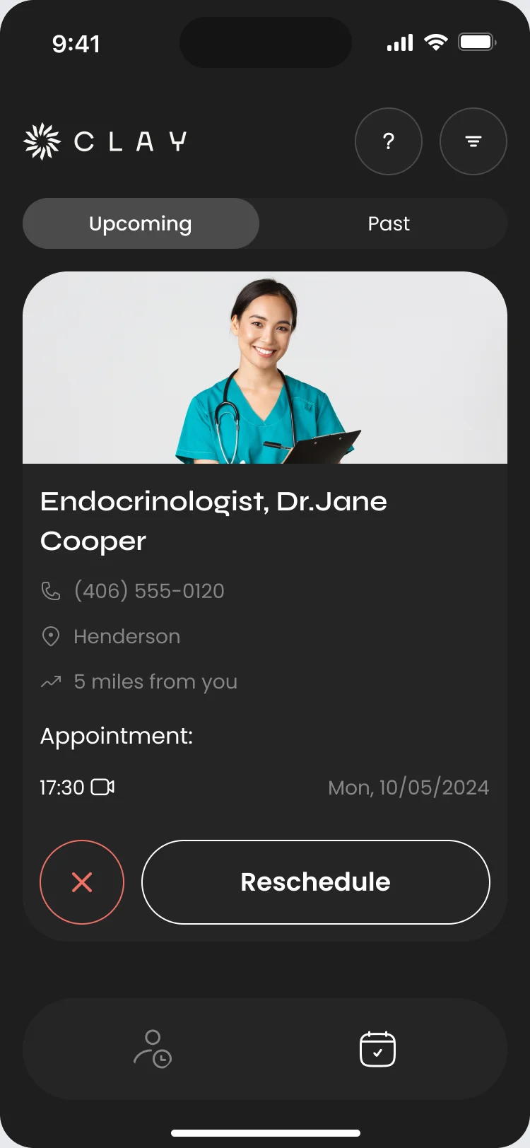 The Upcoming tab of the patient app with one appointment: the provider, her details, the time and a cancel button next to a Reschedule button