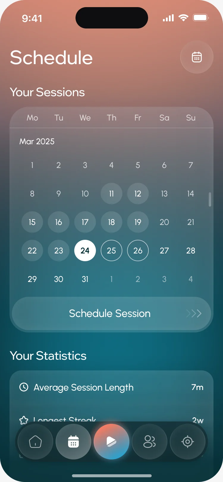 Schedule: a March calendar with session days marked, Schedule Session and statistics