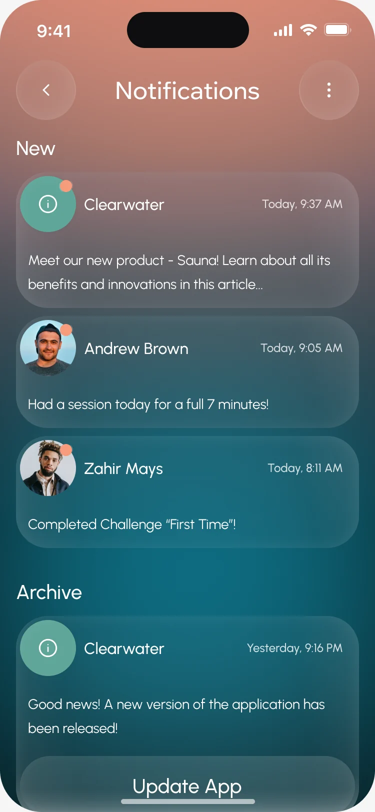Notifications: a Clearwater article about the Sauna, crew members’ sessions and challenges, and an update to install
