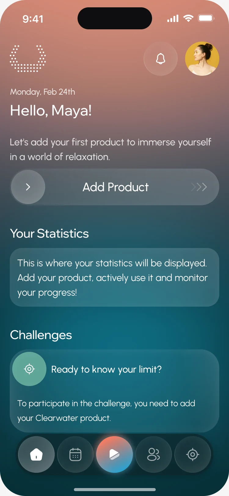 Home with no product yet: Hello, Maya, Add Product, an empty statistics card and a challenge that asks for a product first