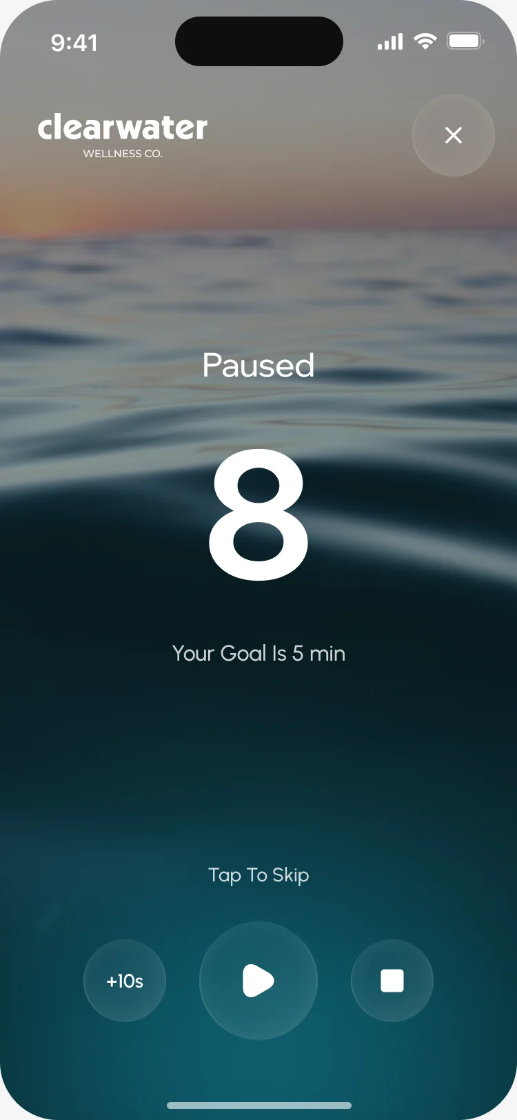 Paused at 8, with play, stop and +10 seconds